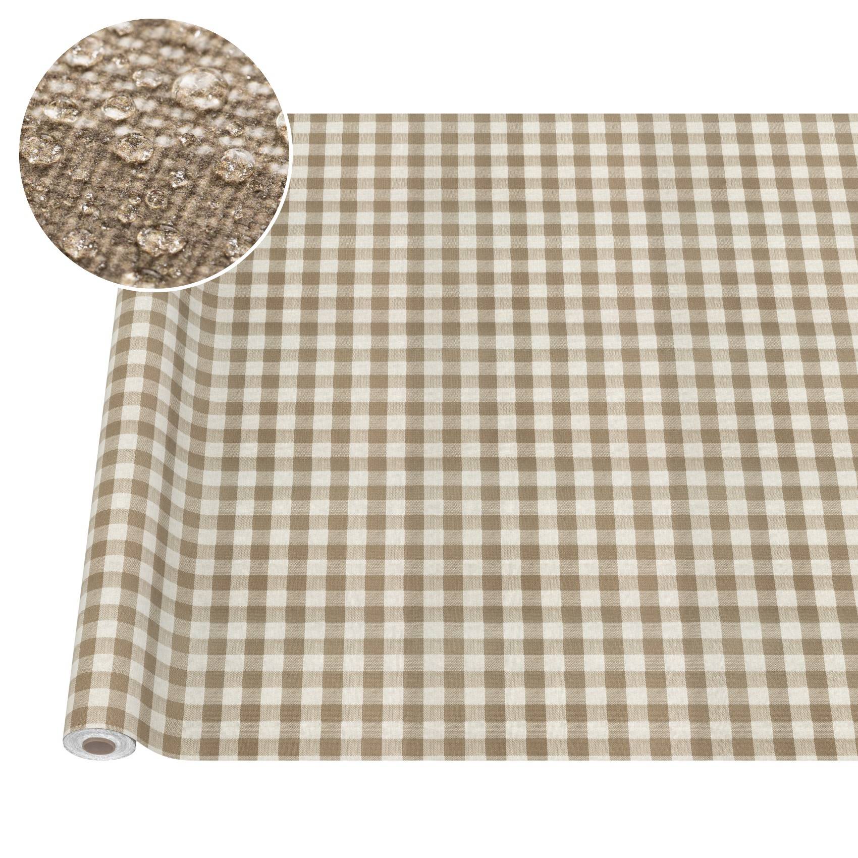 Braun und beige karierter Baumwollstoff oder Tapete mit Textur, gezeigt mit einer kreisförmigen Nahaufnahme der Materialoberfläche.
