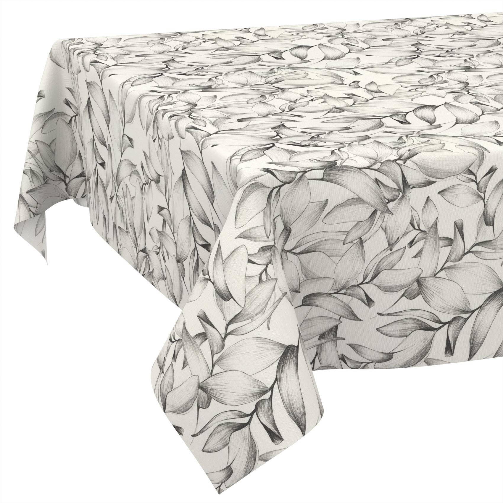 Ein Tisch, der mit einer hellgrauen, floral gemusterten Tischdecke bedeckt ist, wobei der Stoff über die Kanten herunterfällt.