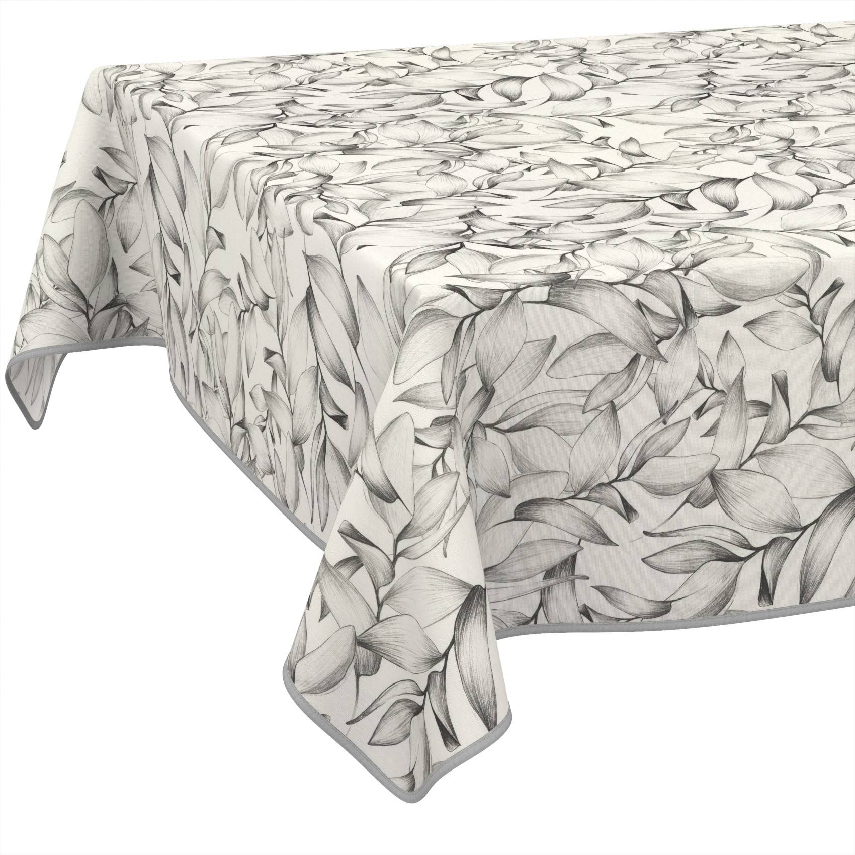 Rechteckige Tischdecke mit grauem Blattmuster über einen Tisch drapiert.