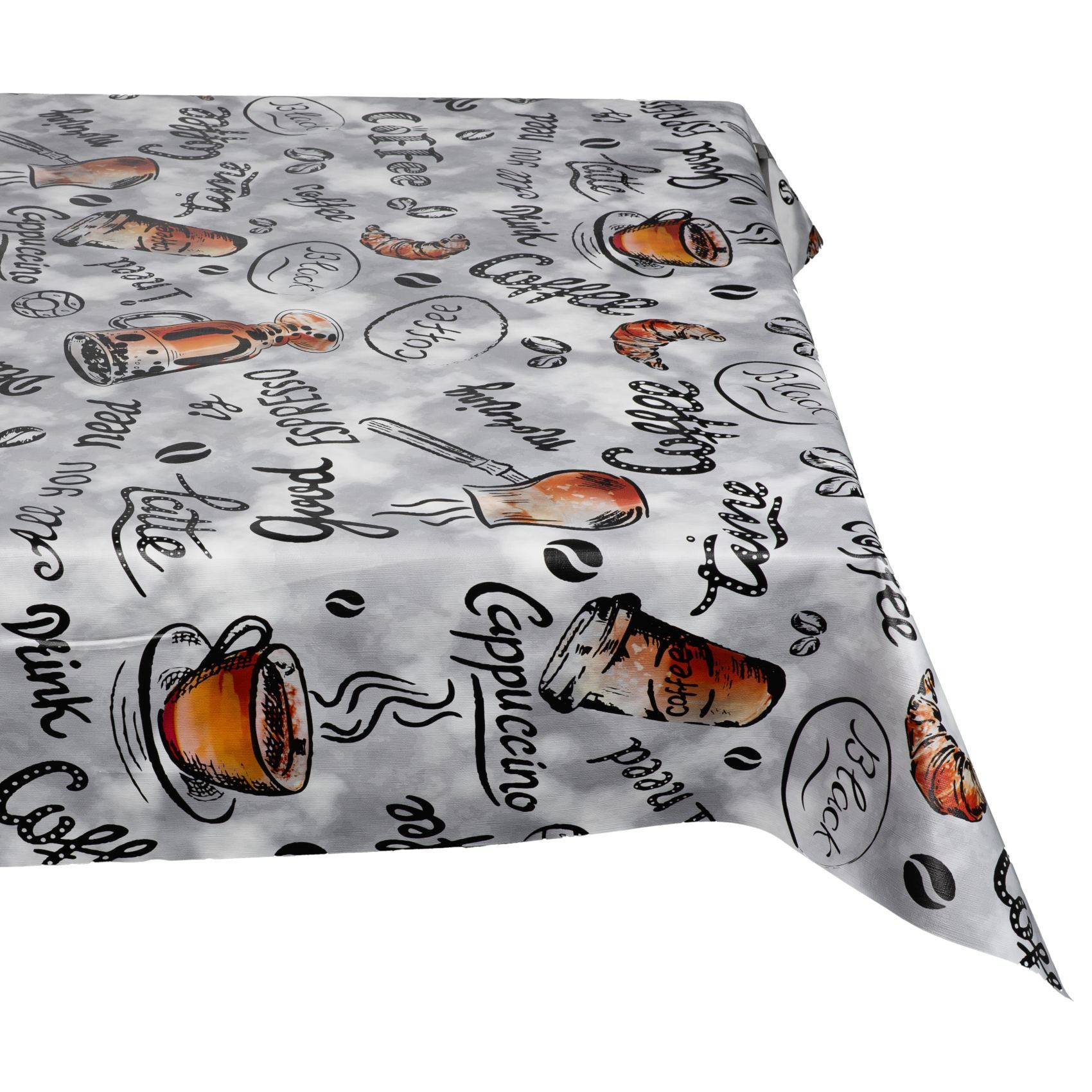 Weiße Tischdecke oder Stoff bedruckt mit Kaffeetassen, Bohnen und Wörtern wie „Kaffee