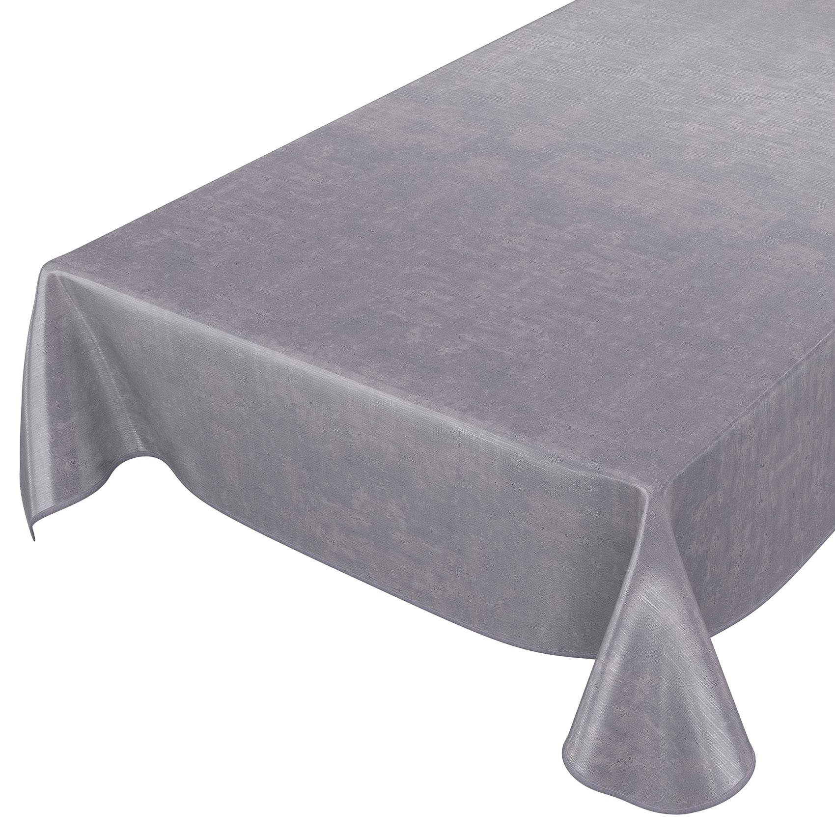 Graue Tischdecke, die über einen rechteckigen Tisch drapiert ist, bedeckt die Tischplatte und hängt über die Ecken herab.
