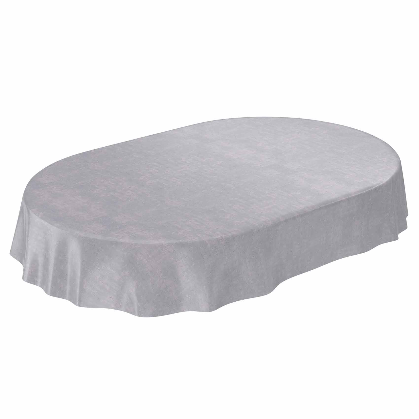 Ovaler Tisch mit einer hellgrauen, straff gespannten Tischdecke auf weißem Hintergrund.