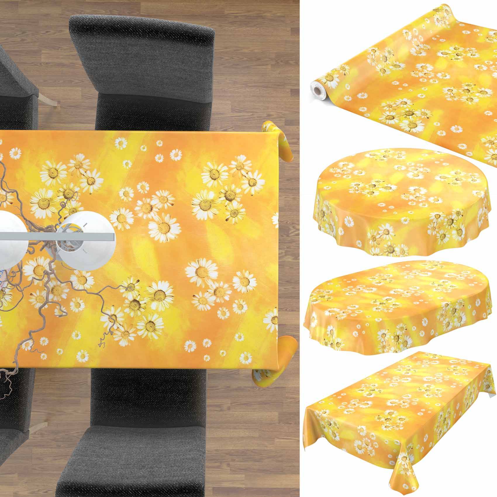 Gelbe Blumenmusterte Tischdecke, gezeigt auf einem Esstisch und in mehreren formgerechten Ansichten, die zeigen, wie sie über Tische verschiedener Größen und Formen drapiert.