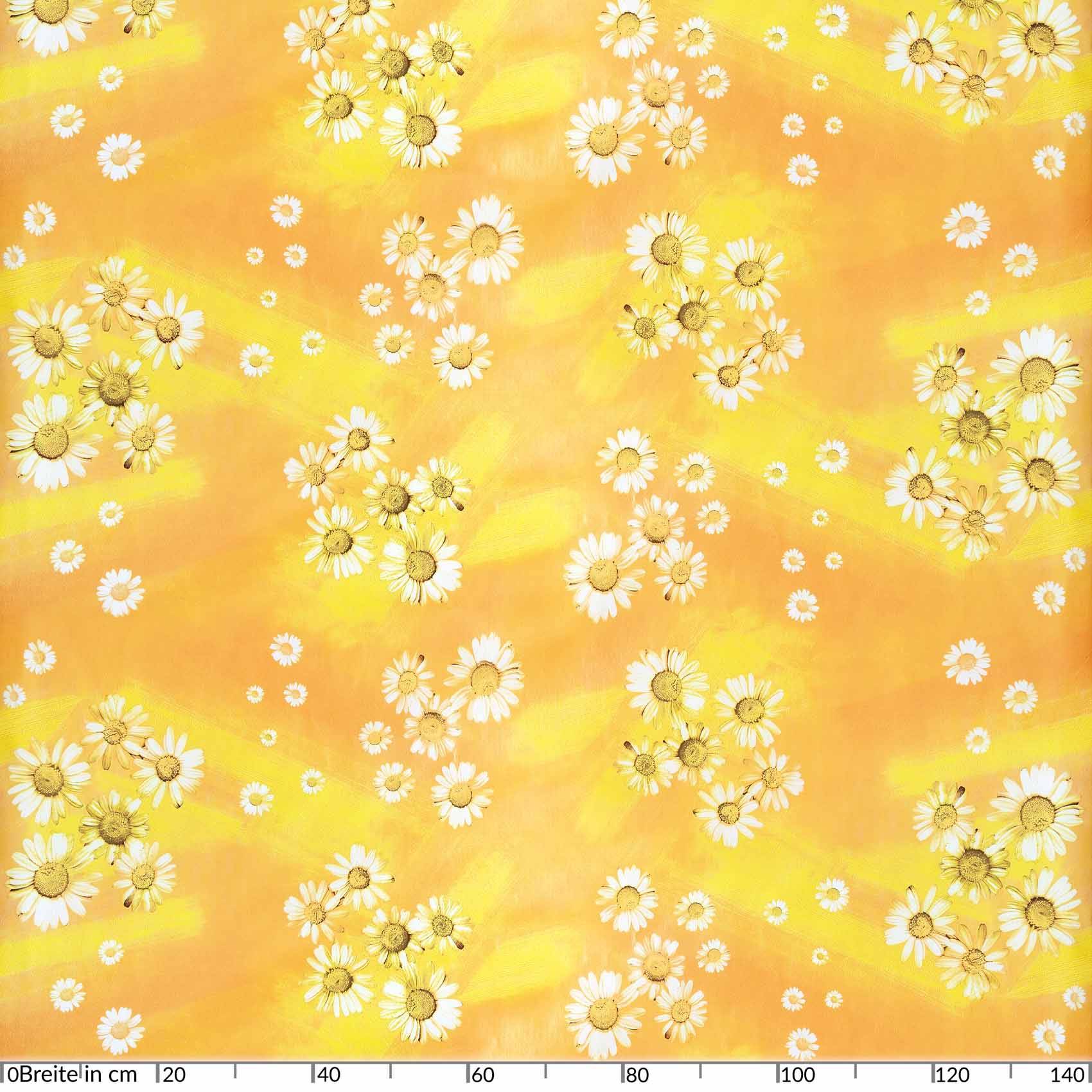 Gelbes Blumenstoffmuster mit kleinen weißen Gänseblümchen und verstreuten gelben Blüten auf leuchtend orange-gelbem Hintergrund.