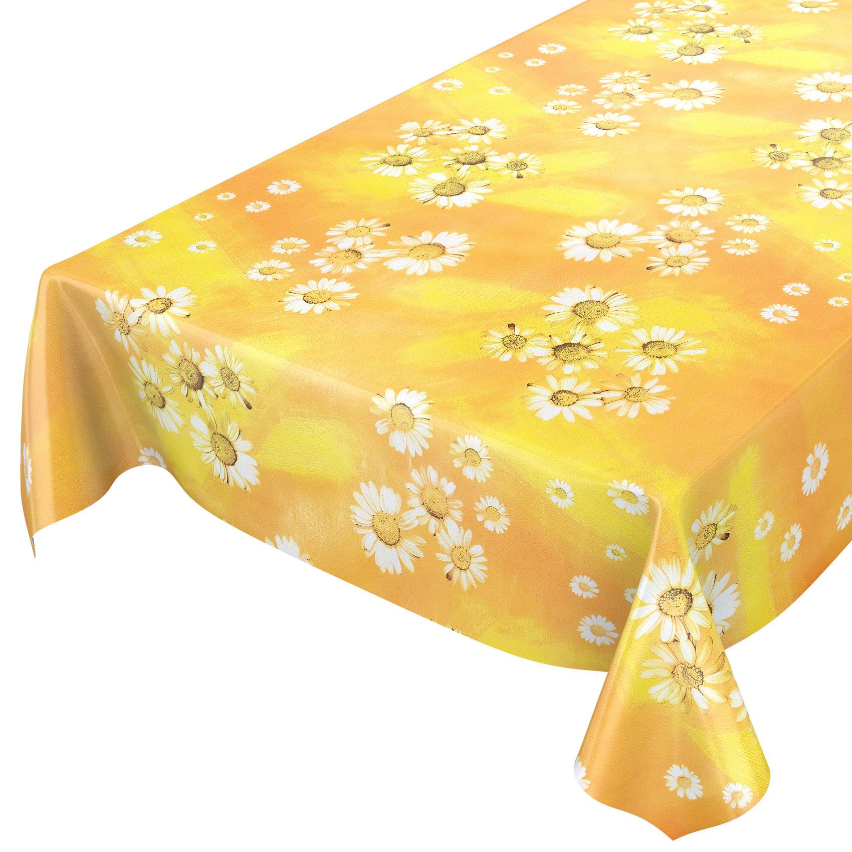 Gelb-orangene Tischdecke mit weißem Gänseblümchen-Blumenmuster, die über einen rechteckigen Tisch drapiert ist.
