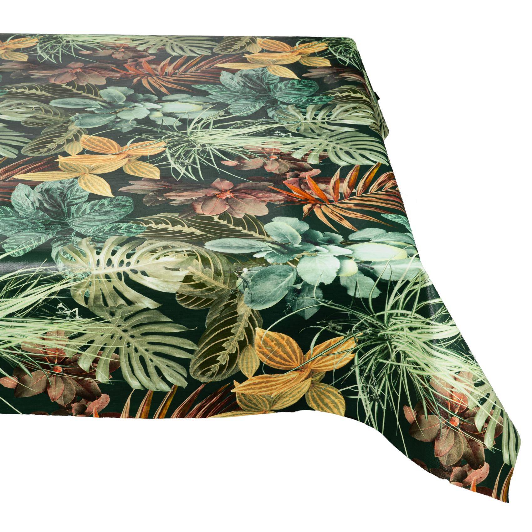 Tropisches Blumenmusterstoff mit grünen, orangefarbenen und braunen Blättern, die über eine Oberfläche drapiert sind.