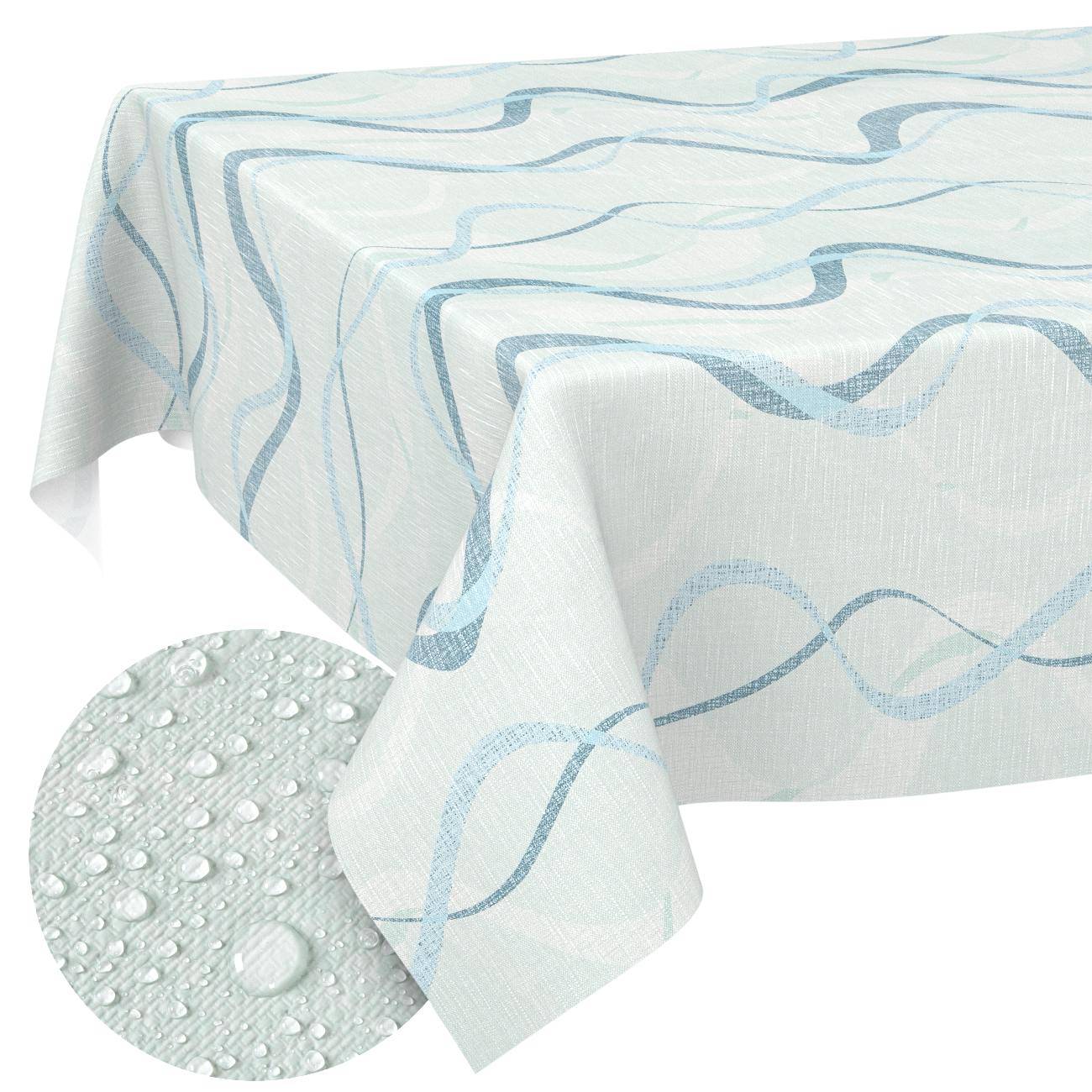 Weiße Tischdecke mit hellblauen Wellenstreifen, gezeigt mit einer Detailvergrößerung, die die wasserabweisende Perlenbildung demonstriert.