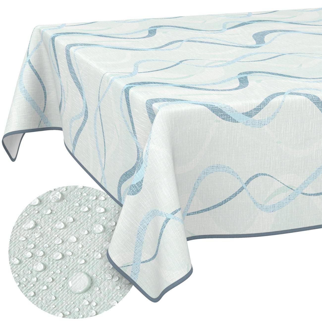 Weiße Tischdecke mit blauem Wellenmuster und wasserabweisender Oberfläche, gezeigt mit Nahaufnahme von Wassertropfen