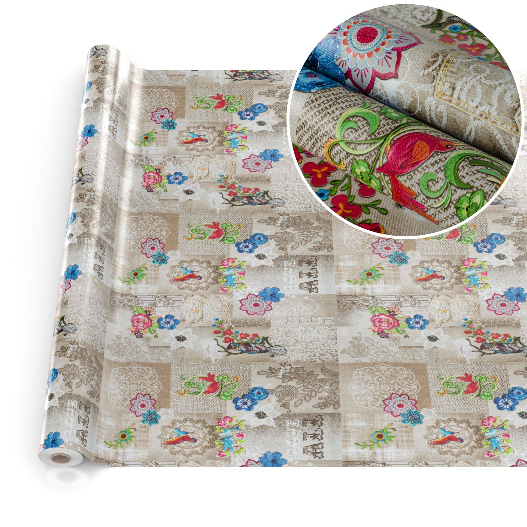 Rolle dekorativer Tapete oder Kontaktpapier mit Blumenmuster in Beige mit bunten Blüten und Vögeln, gezeigt mit einer Nahaufnahme des Druckmusters.