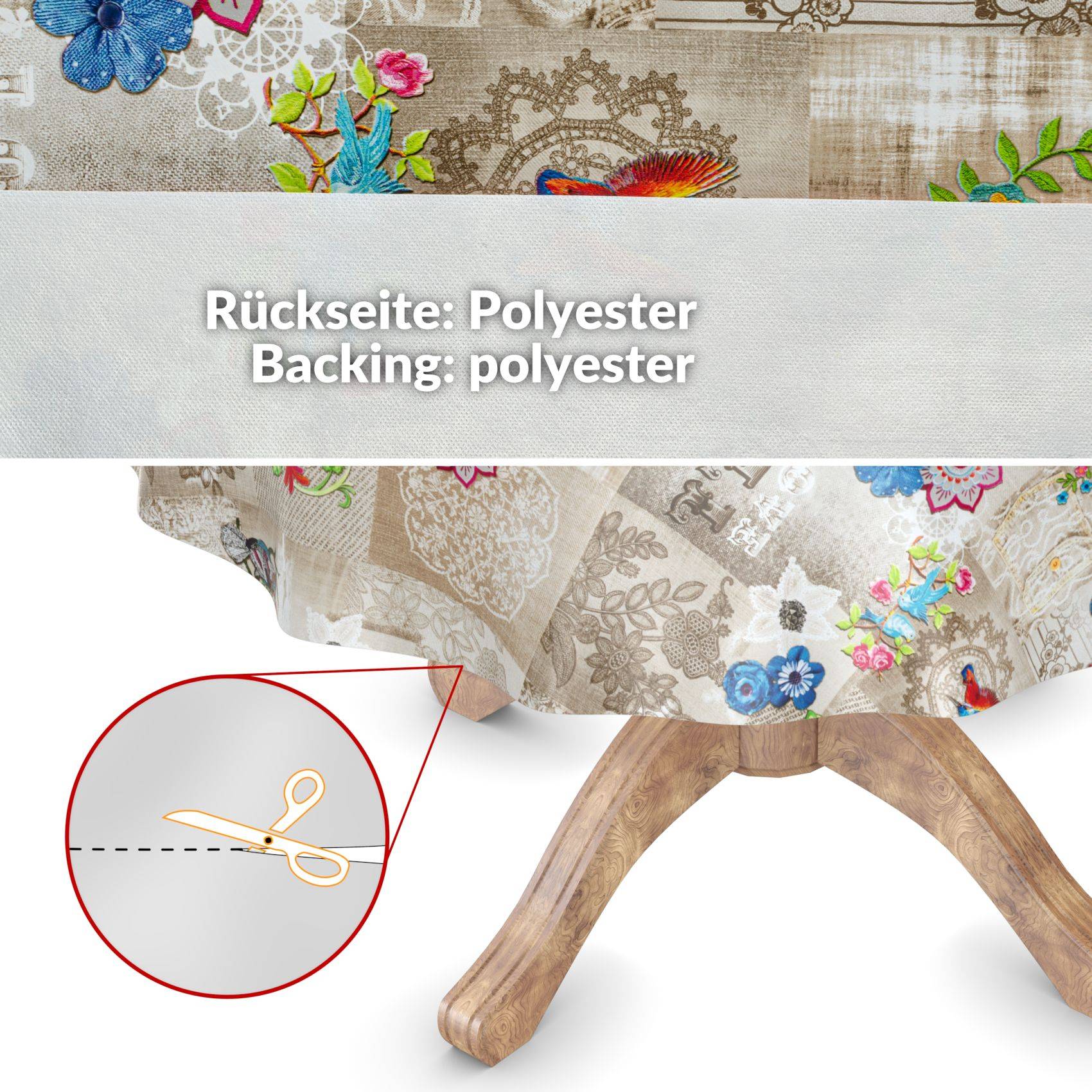 Nahaufnahme von gemustertem Stoff mit gestepptem Nahtdetail; Text sagt „Rückseite: Polyester" und „Backing: polyester"".