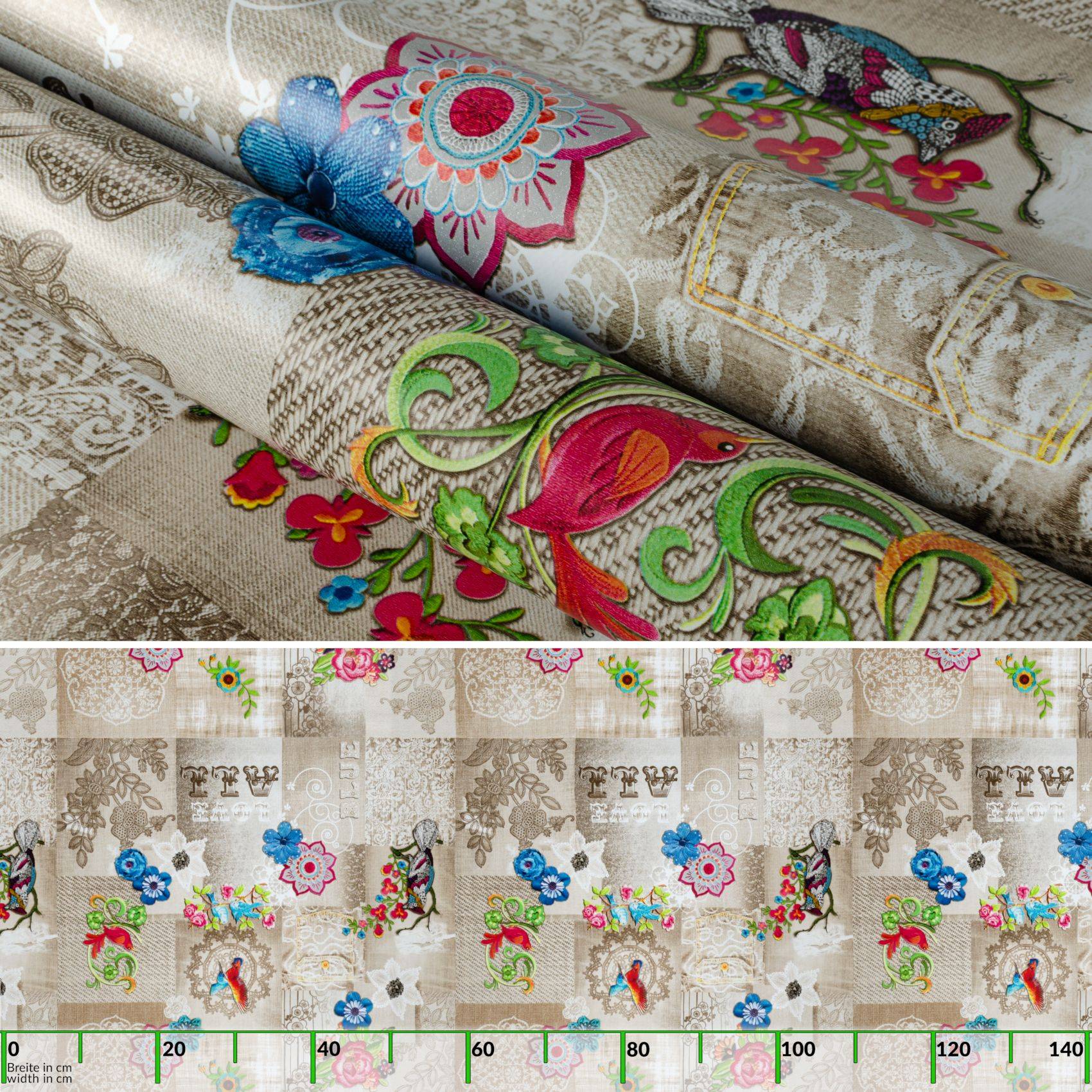 Gemusterte beigefarbene Stoffballen mit bunten floralen und Vogel-Stickereiendesigns, gezeigt in Nahaufnahme und wiederholter Musterview.