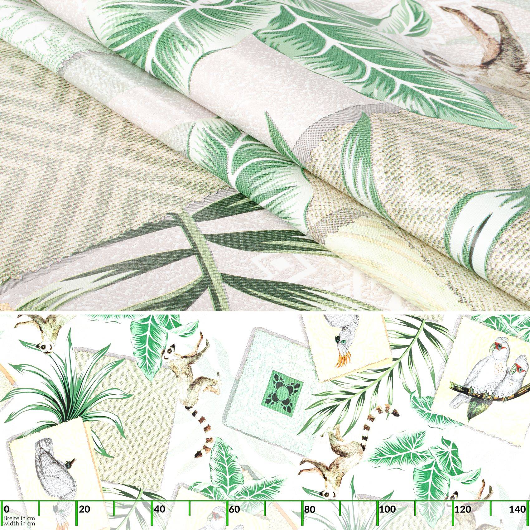 Collage aus tropischen botanischen und vogelgemusterten Stoffen in Grün und Creme mit einer Maßstabskala am unteren Rand, die Druckgrößen anzeigt.