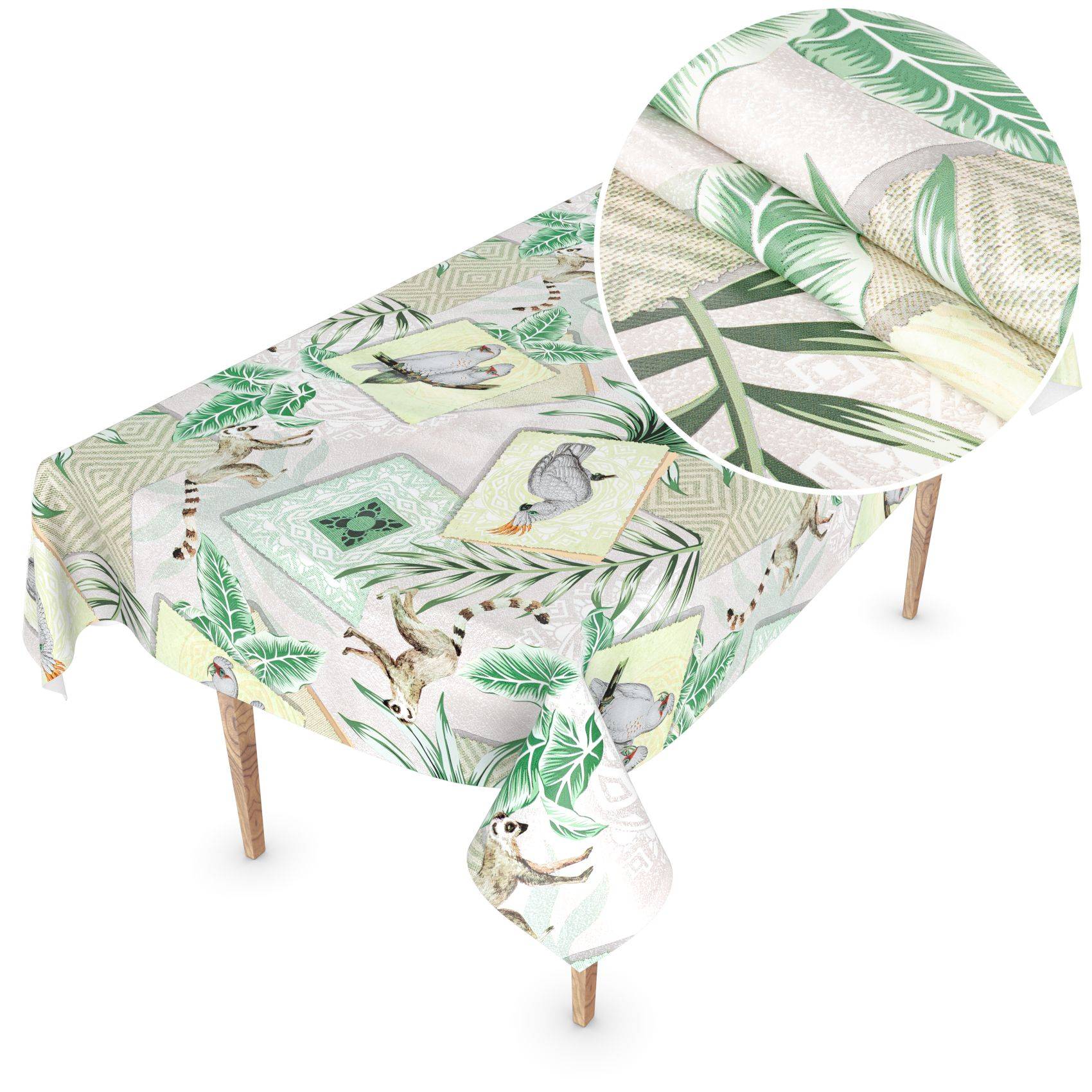 Ein rechteckiger Tisch, bedeckt mit einer Tischdecke mit tropischem Vogel- und Blatmuster, gezeigt mit einer Nahaufnahme des Stoffes und des Drucks.