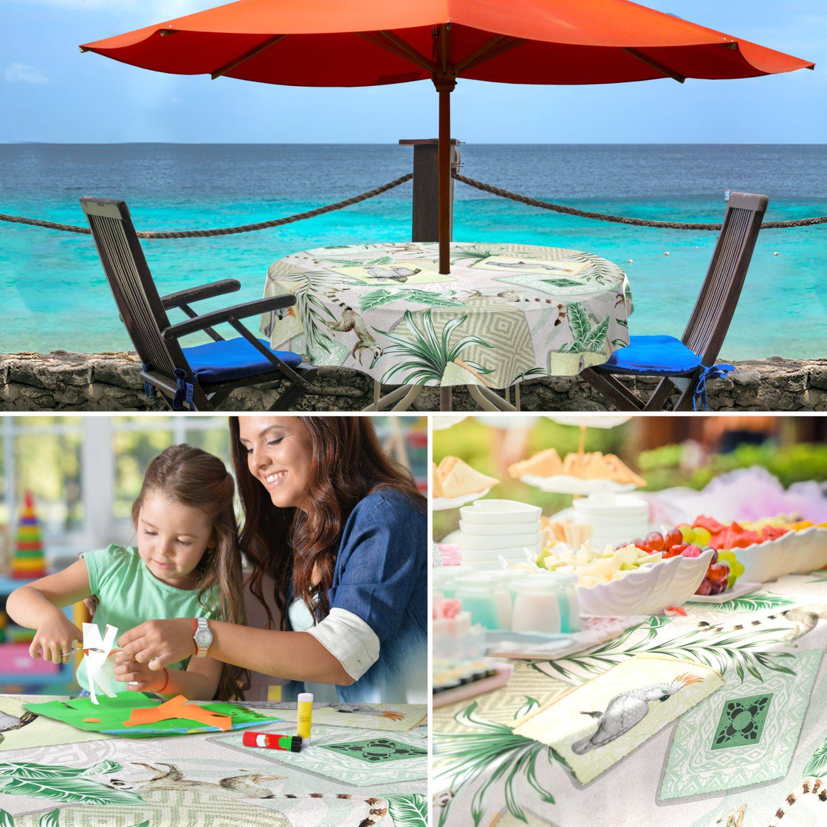 Collage aus Strandessen und Familienhandwerk: Tisch am Meer unter einem orangefarbenen Sonnenschirm, Mutter und Kind erstellen Papierkunst, und ein dekorierter Buffettisch mit Desserts.