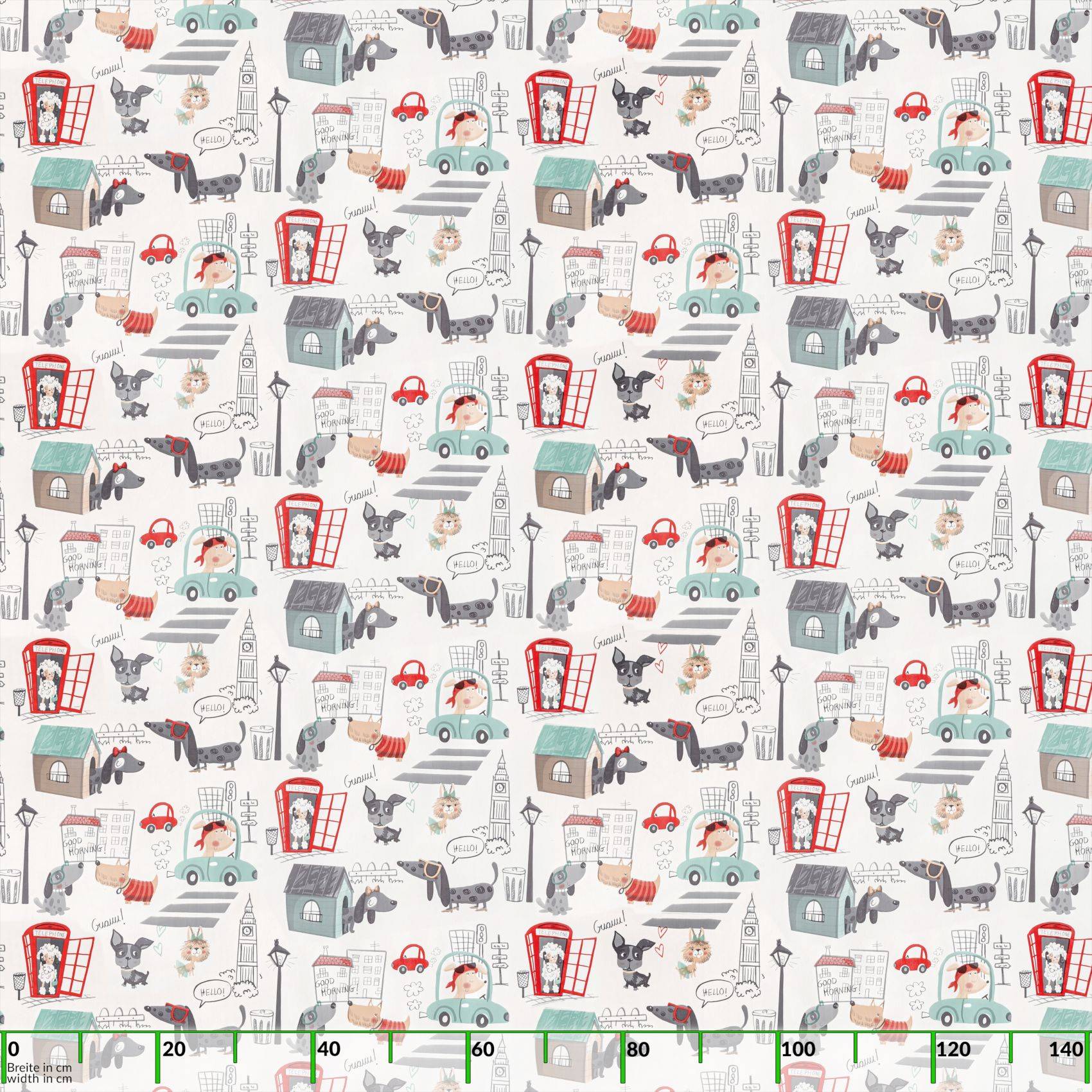 Gemustertes Illustrationsbild einer Nachbarschaftsszene mit kleinen Häusern, Autos, Menschen, Hunden, Katzen, Straßenlaternen und roten Telefonzellen, die über einen sich wiederholenden Hintergrund verteilt sind.