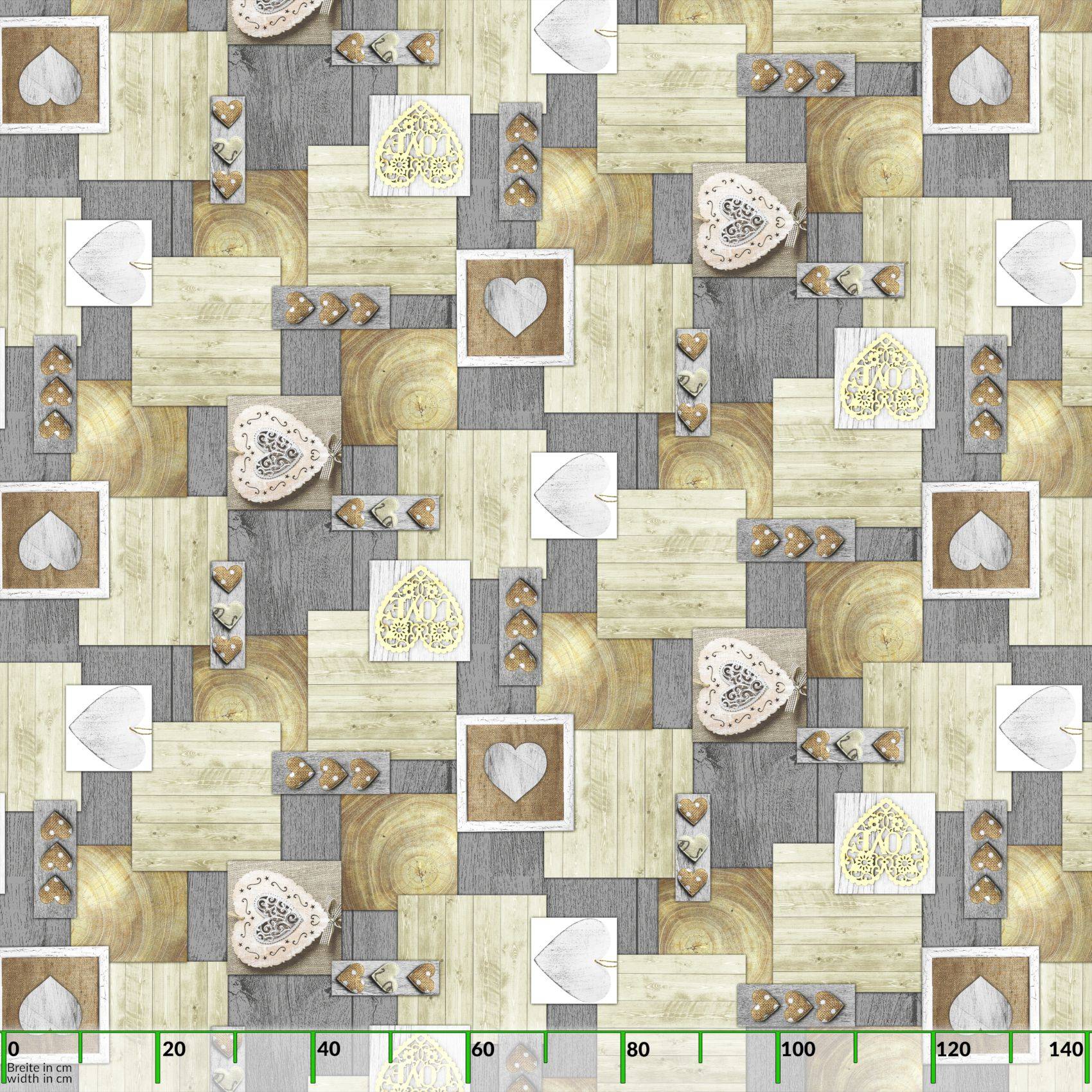 Nahtloses Muster aus Herzen und Blatmotiven auf holz- und stoffähnlichen Quadraten in Beige-, Grau- und Goldtönen.