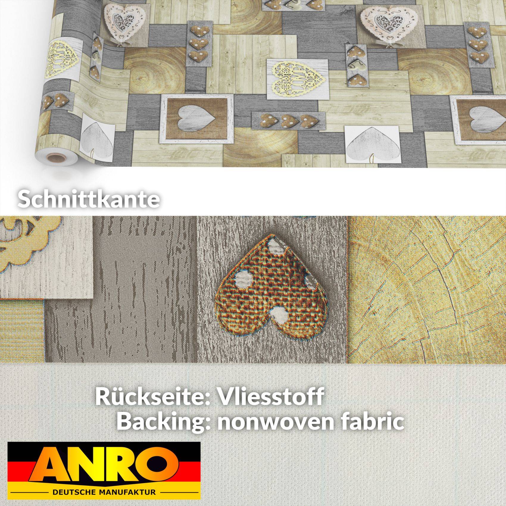 Musterrolle Tapete mit Patchwork-Stil Herz- und Blattmuster; Textbezeichnungen „Schnittkante" und „Rückseite: Vliesstoff / Backing: nonwoven fabric"" und ANRO-Logo.