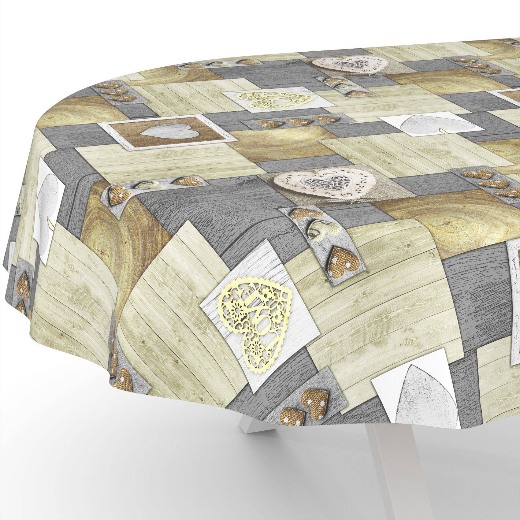 Runder Tisch mit einer Patchwork-Tischdecke in geometrischem Muster in gedämpften Beige-, Grau- und Brauntönen.