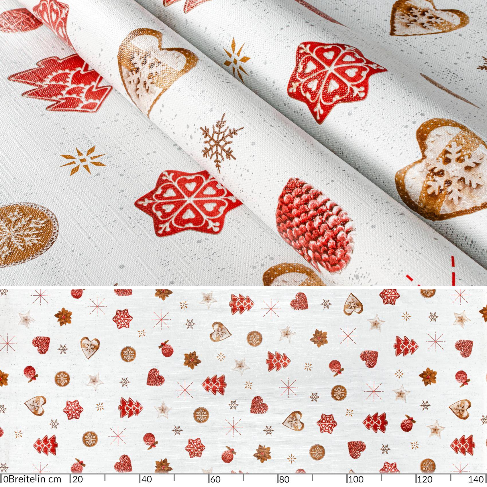Weißer Stoff oder Tapetenbahn mit roten und goldenen Motiven im Feiertagsstil; die Einschubansicht zeigt das sich wiederholende Muster, das sich über die volle Breite erstreckt, mit einer 0–140-cm-Skala.