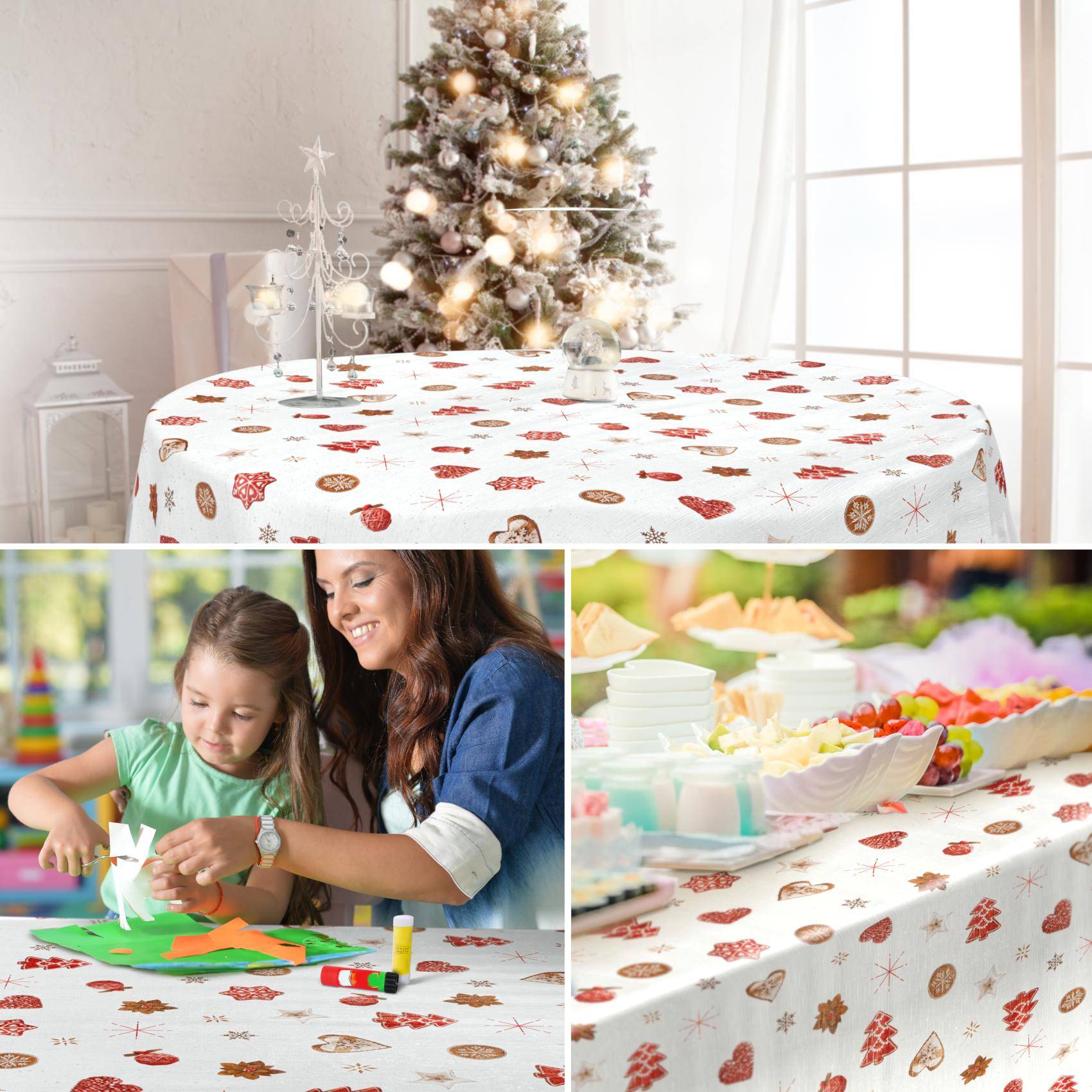 Weihnachtsthematische Tischdecke, die auf einem festlichen Esstisch verwendet wird, gezeigt mit einem geschmückten Baum und in Handwerk- und Buffet-Einstellungen.