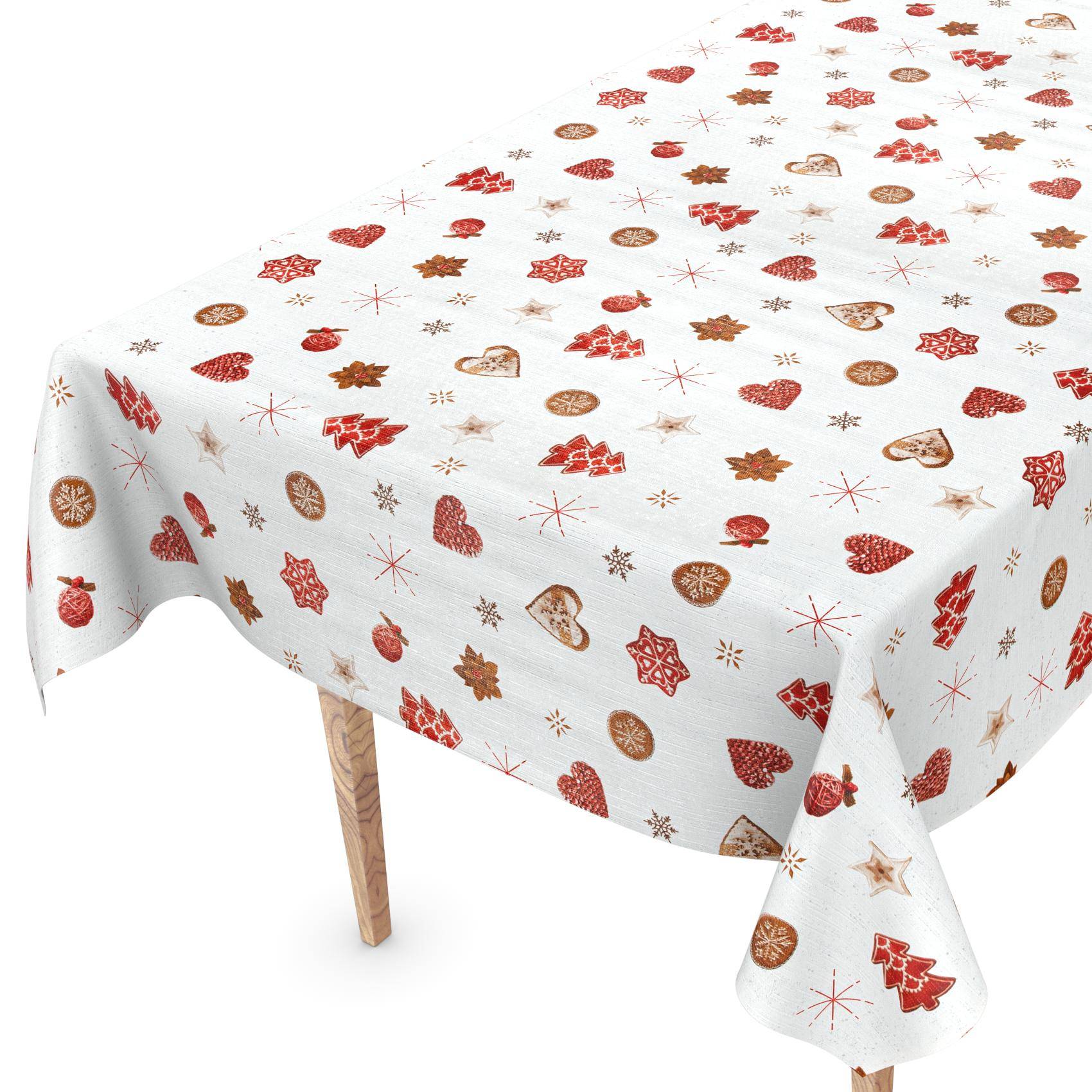 Weiße Tischdecke mit roten und goldenen Weihnachtsmotiven, einschließlich Weihnachtsbäumen, Herzen, Sternen und Weihnachtsschmuck.