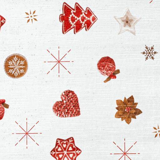 Weißer Stoff mit verstreuten rot- und goldfarbenen Weihnachtsmotiven, einschließlich Bäumen, Sternen, Schneeflocken, Lutscher und einem Herz.