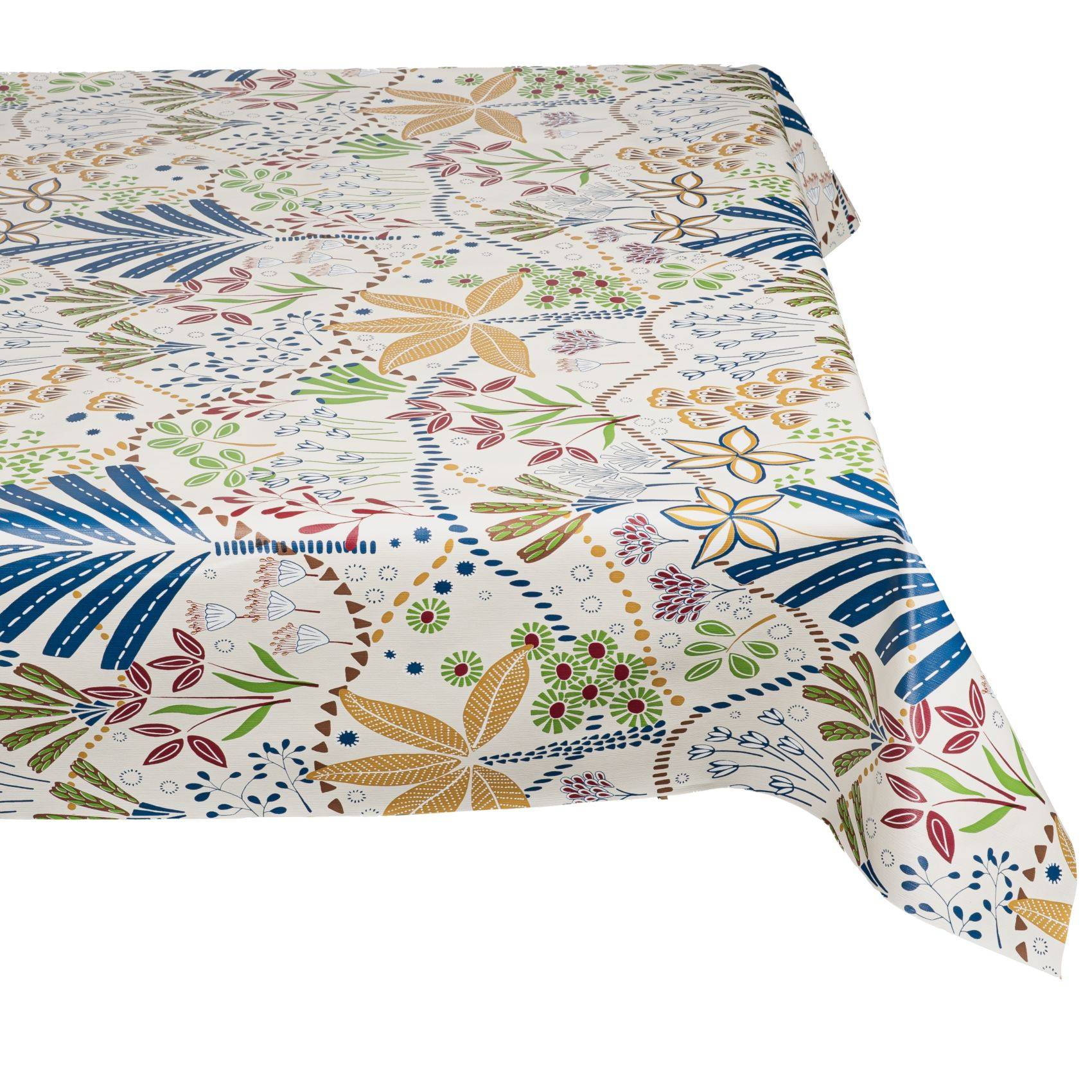 Tischdecke mit Blumenmuster mit bunten Blatt- und Blumenmustern auf weißem Hintergrund, das über die Tischkante drapiert ist.