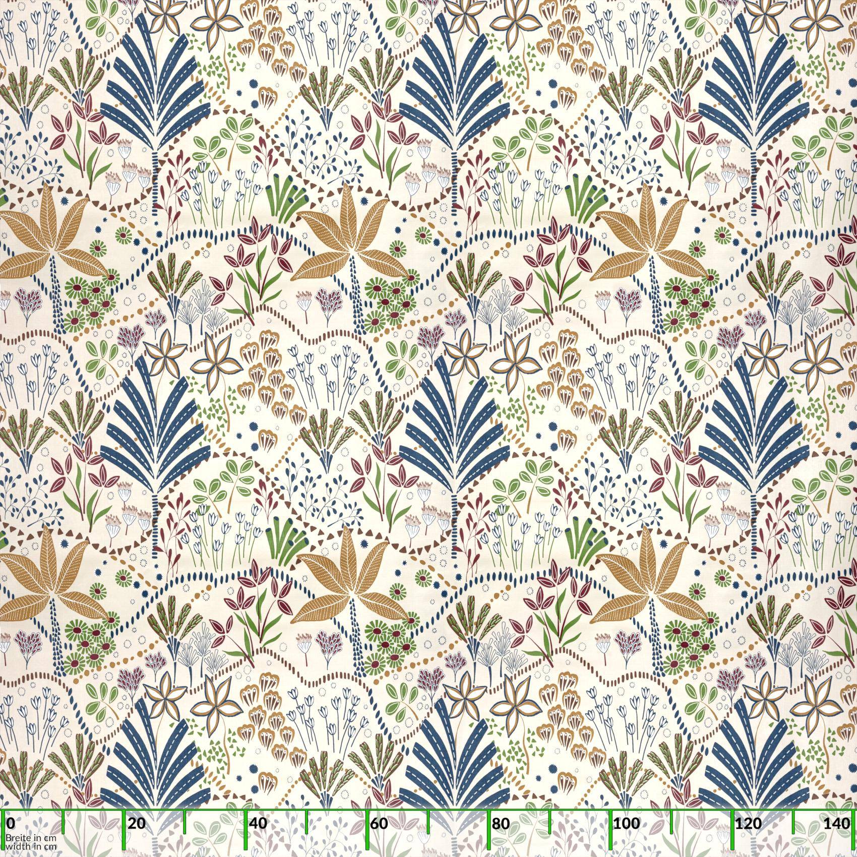 Wiederholendes botanisches Muster mit stilisierten Blättern, Blüten und Samenkapseln in Blau, Beige, Grün und Burgundrot auf cremefarbenem Hintergrund, mit einer Messskala entlang der Unterkante.