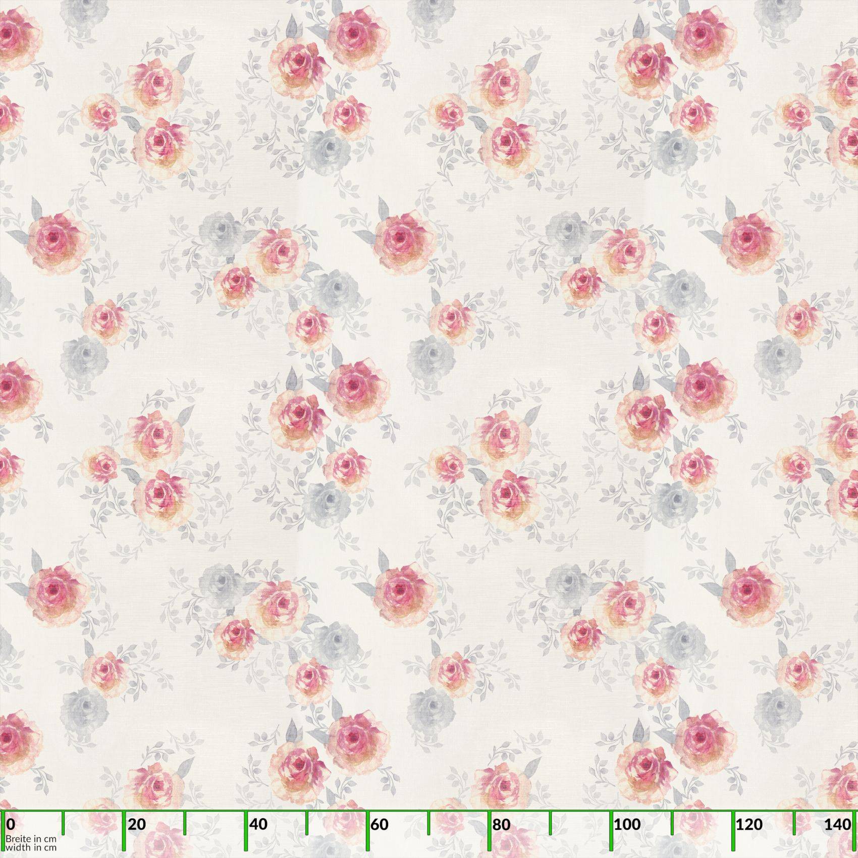 Blumenmuster mit rosa und grauen Rosen auf hellcremefarbenem Hintergrund, mit einer Messskala entlang der unteren Kante.
