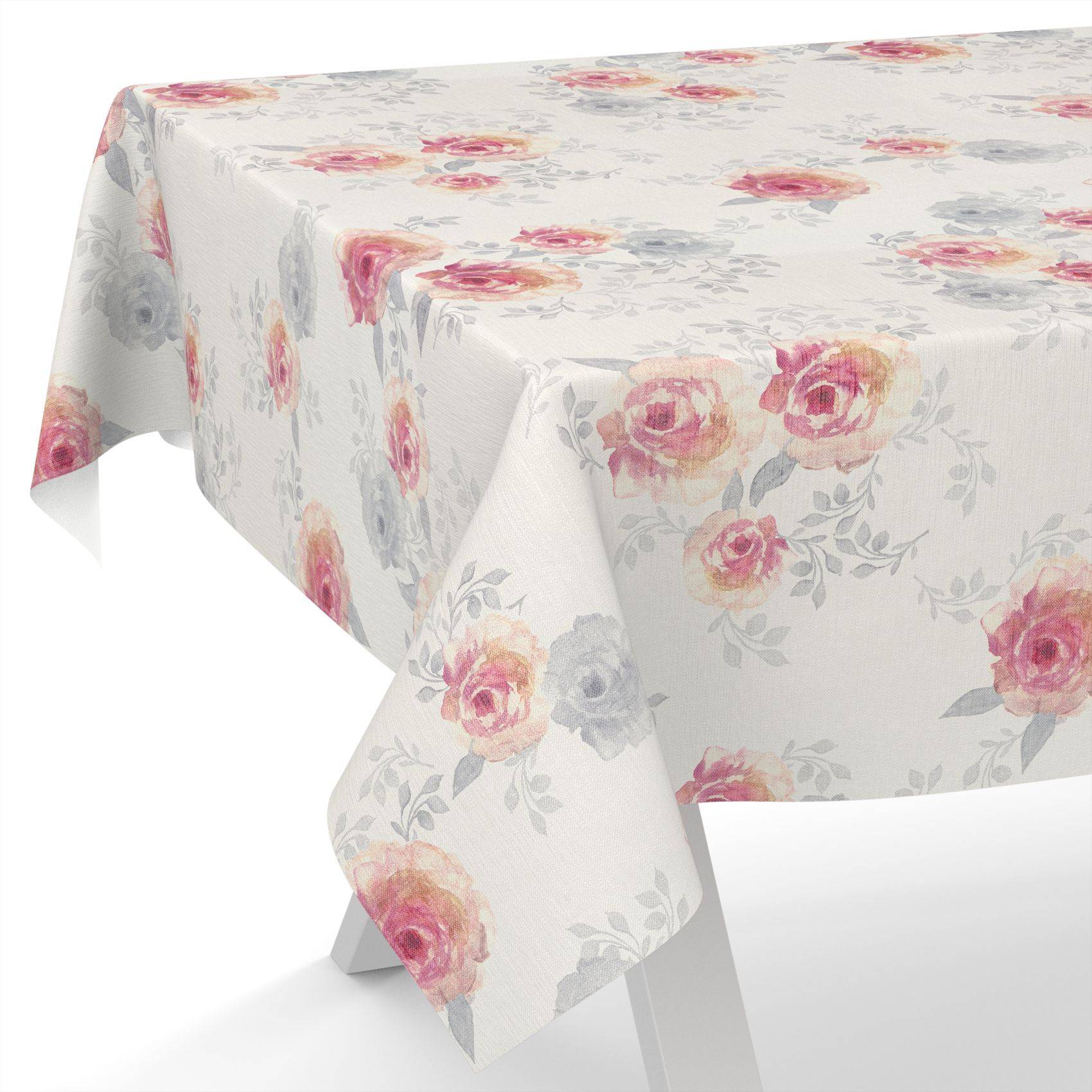 Weiße Tischdecke mit rosa Rosenblumenmuster über einen rechteckigen Tisch drapiert