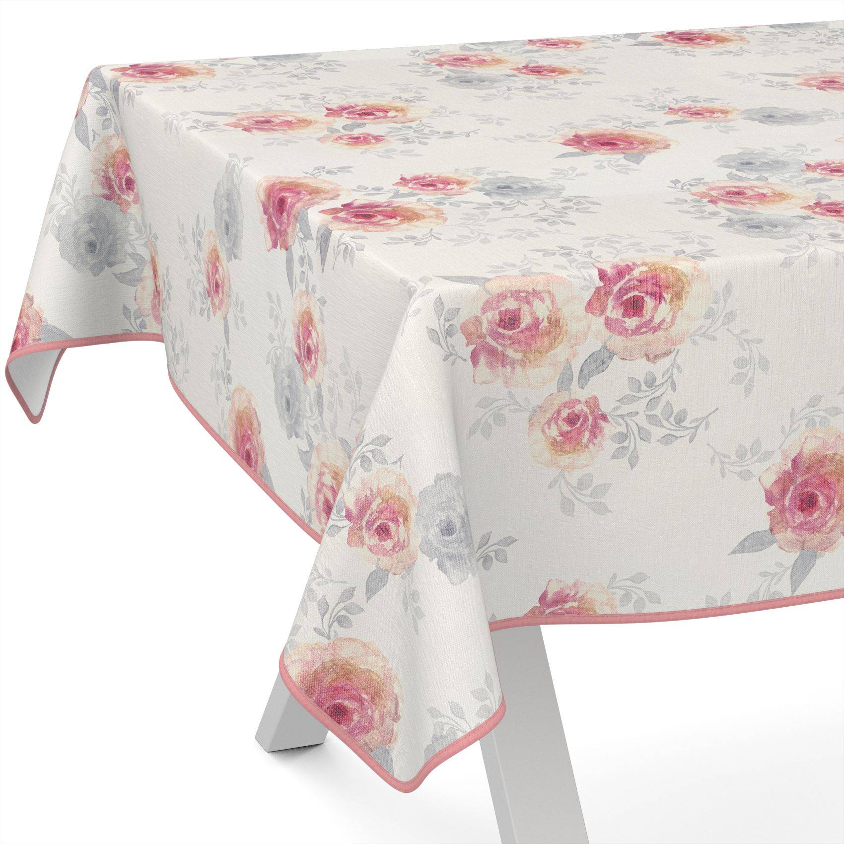 Weiße Tischdecke mit rosa und grauem Aquarell-Rosenblumenmuster und rosa Kante, über einen Tisch drapiert