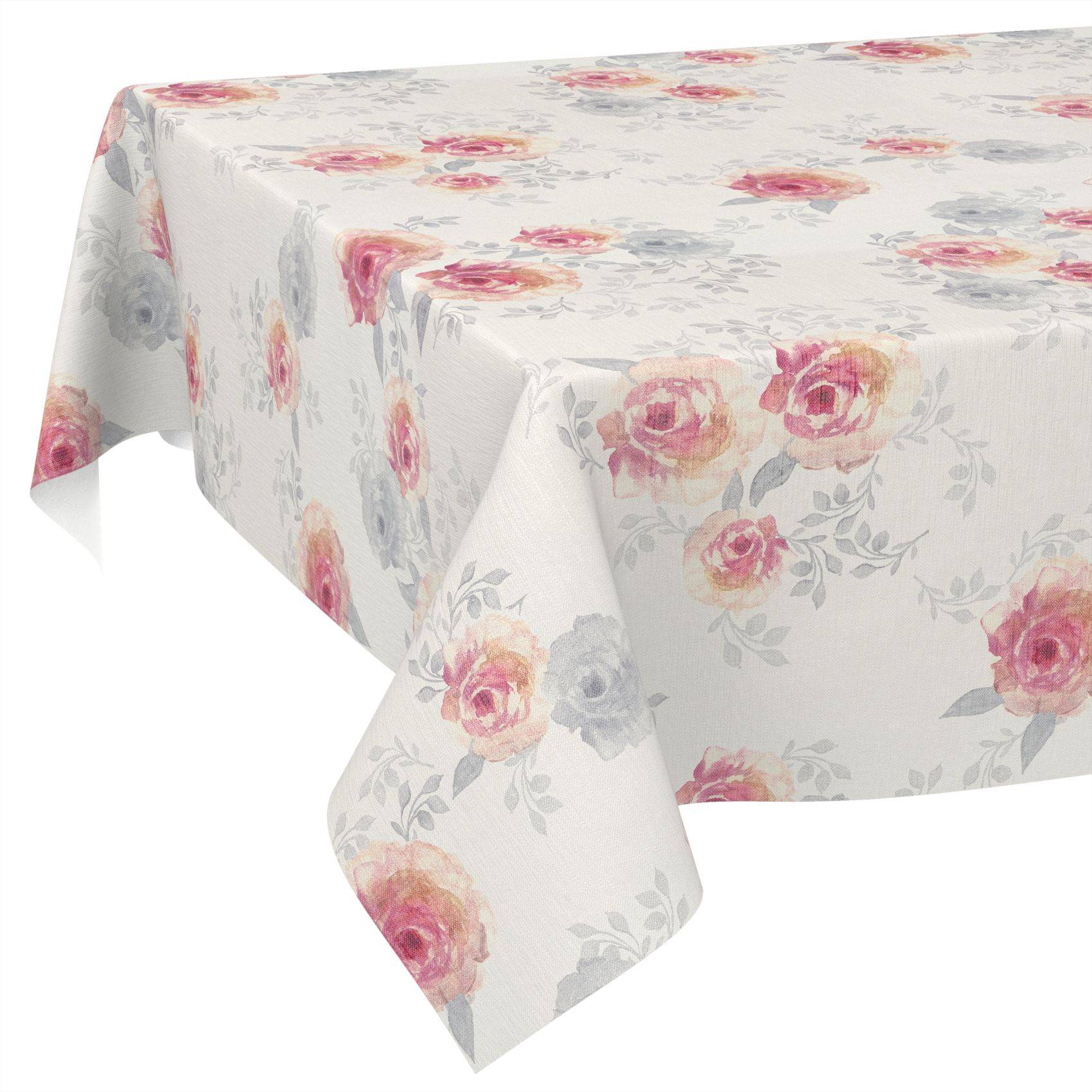 Rechteckige Tischdecke mit weißem Hintergrund und rosa Blumenmuster mit Rosen, über einen Tisch drapiert.
