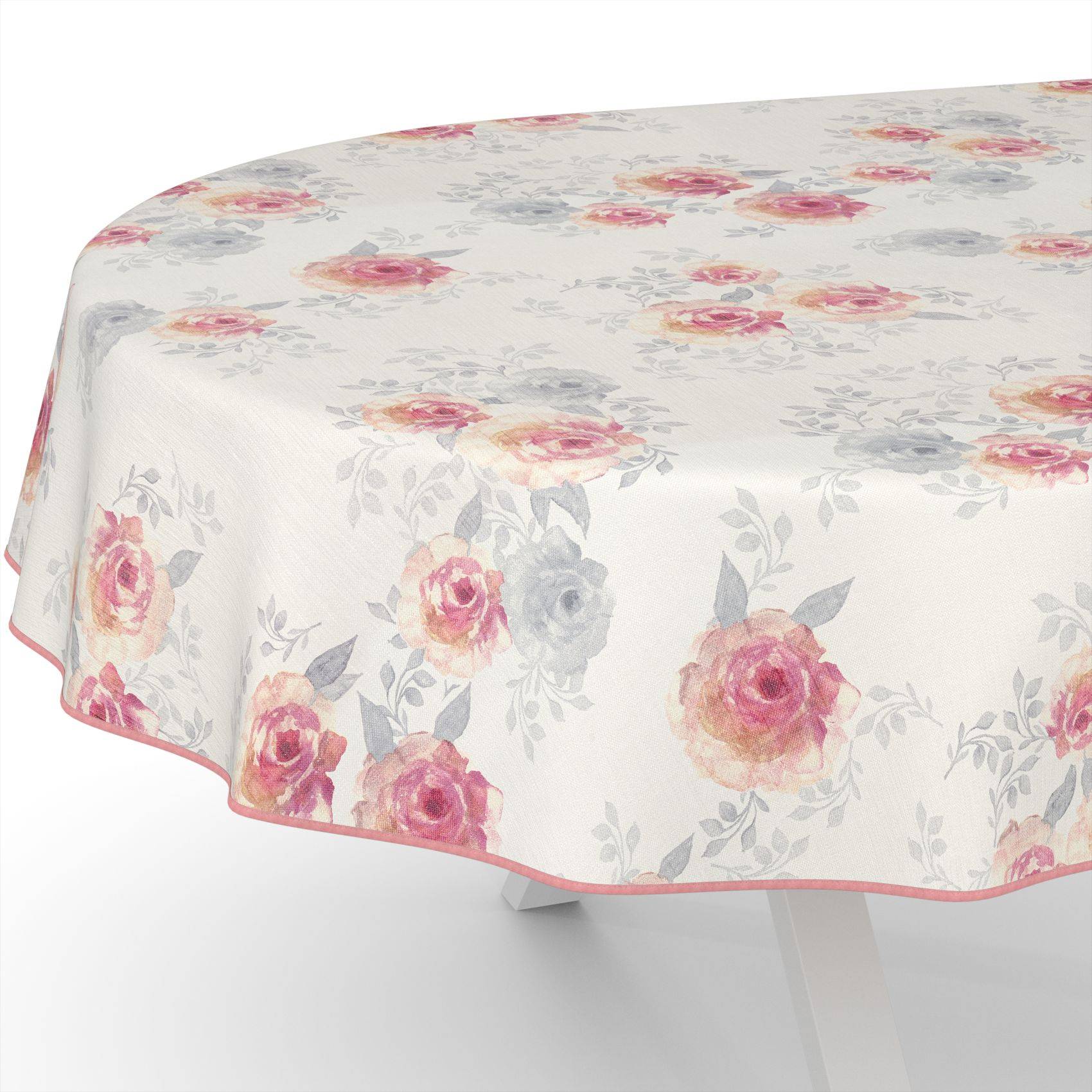 Runde Tischdecke mit Aquarell-Rosa- und Graufloral-Muster und rosafarbener Muschelkanteneinfassung auf einem Tisch