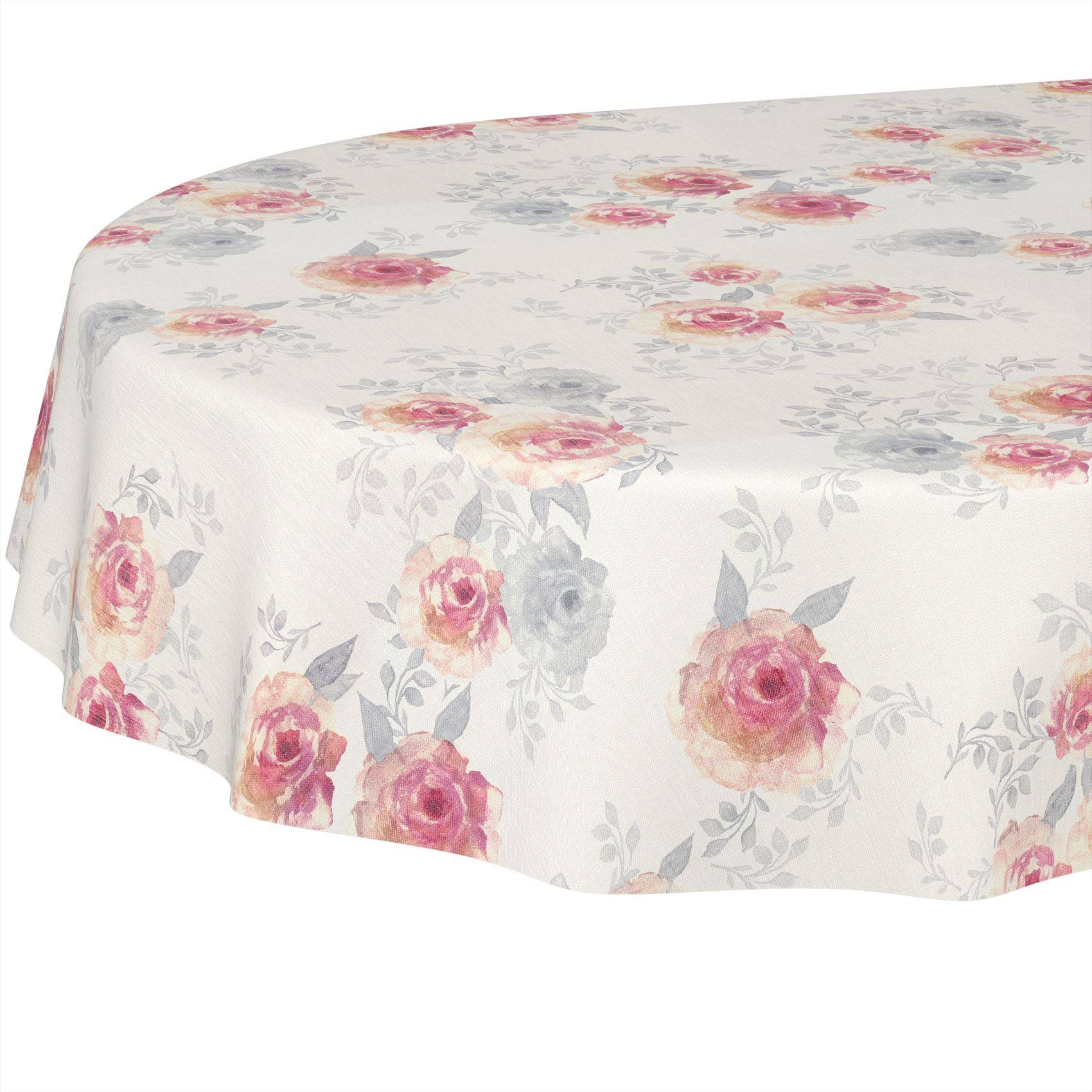 Runde Tischdecke mit weißem Hintergrund und zartem rosa Blumenwasserfarbenmuster.