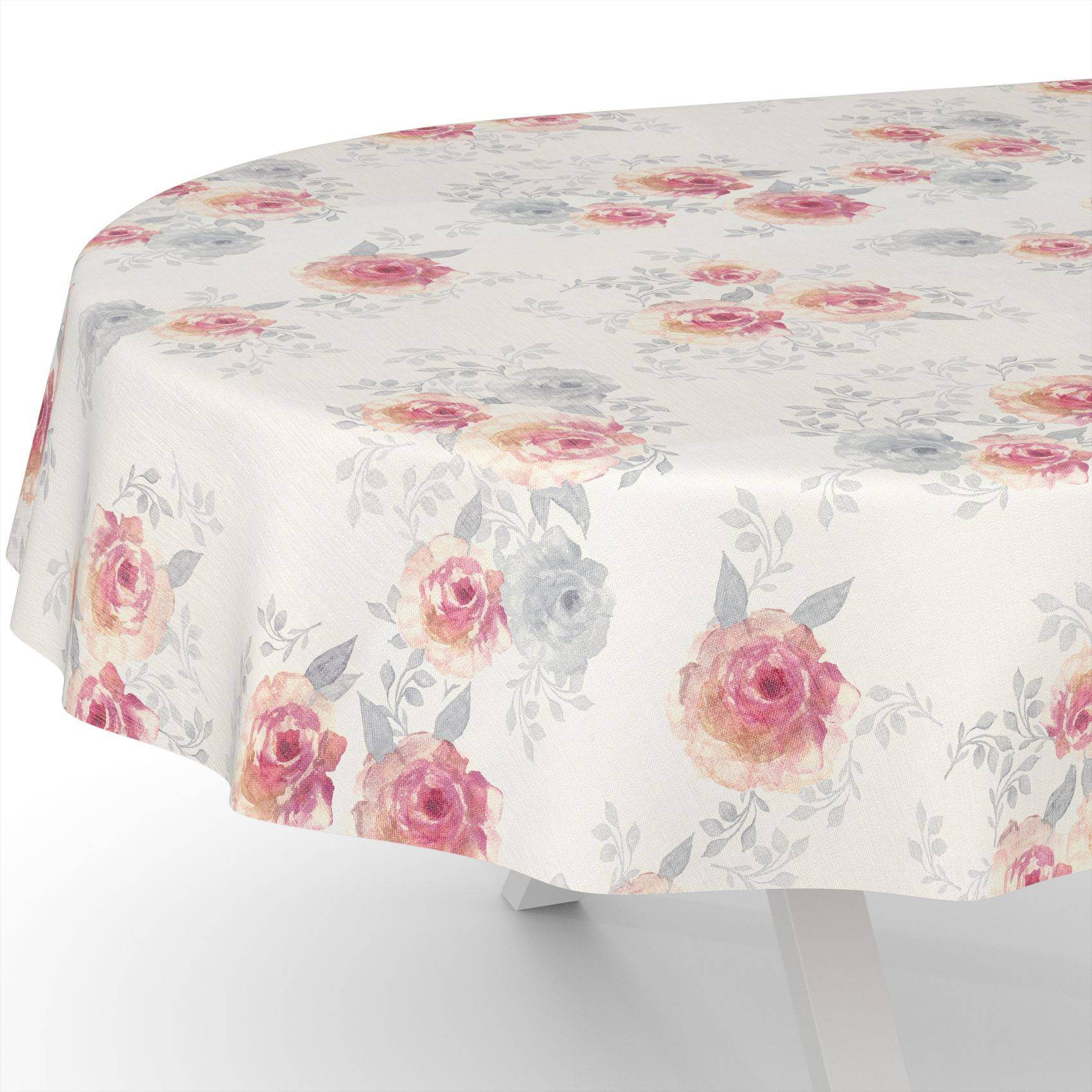 Runder Tisch mit einer weißen Blumendecke mit rosa und grauen Rosen.