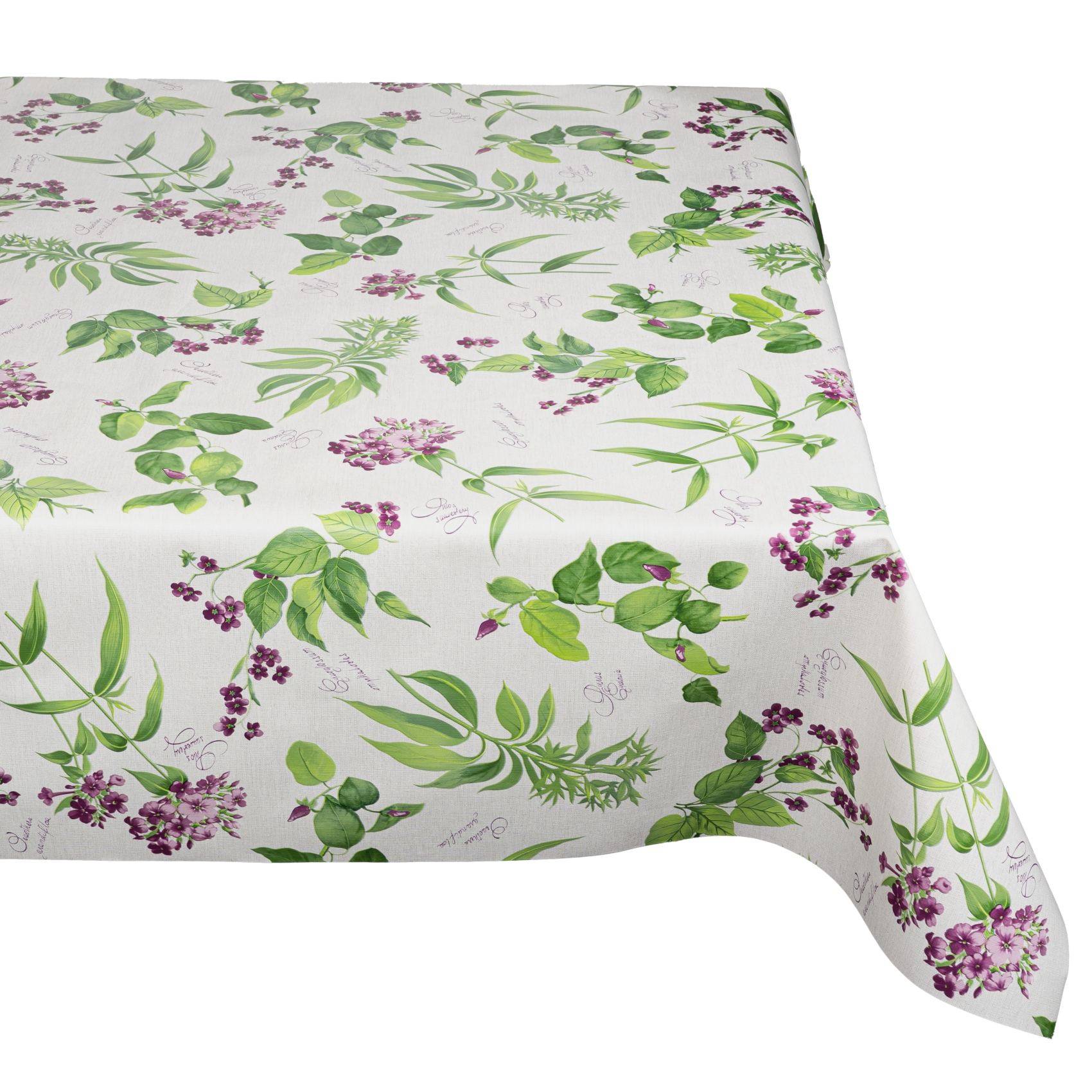 Weißer Stoff mit grünem und violettem botanischen Blumenmuster, drapiert über einer Oberfläche mit sichtbarer gefalteter Ecke.