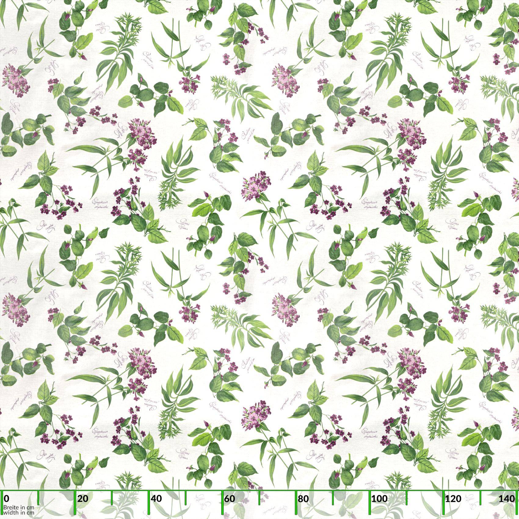 Nahtloses botanisches Muster aus grünen Blättern und Trauben violetter Blüten auf weißem Hintergrund, mit einer Messskala entlang der Unterseite.
