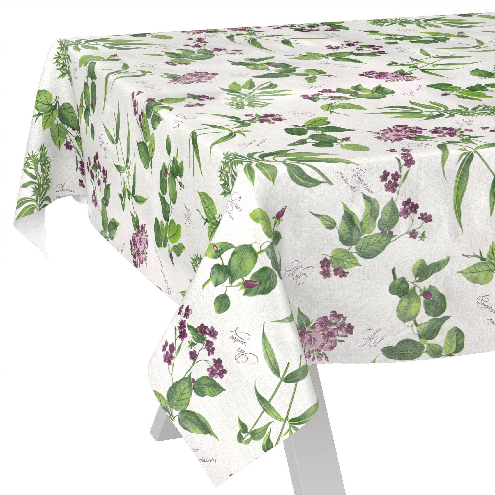 Weiße Tischdecke mit grünem Blatt- und violettem Blüten-Botanik-Druck, schräg über einen Tisch drapiert.