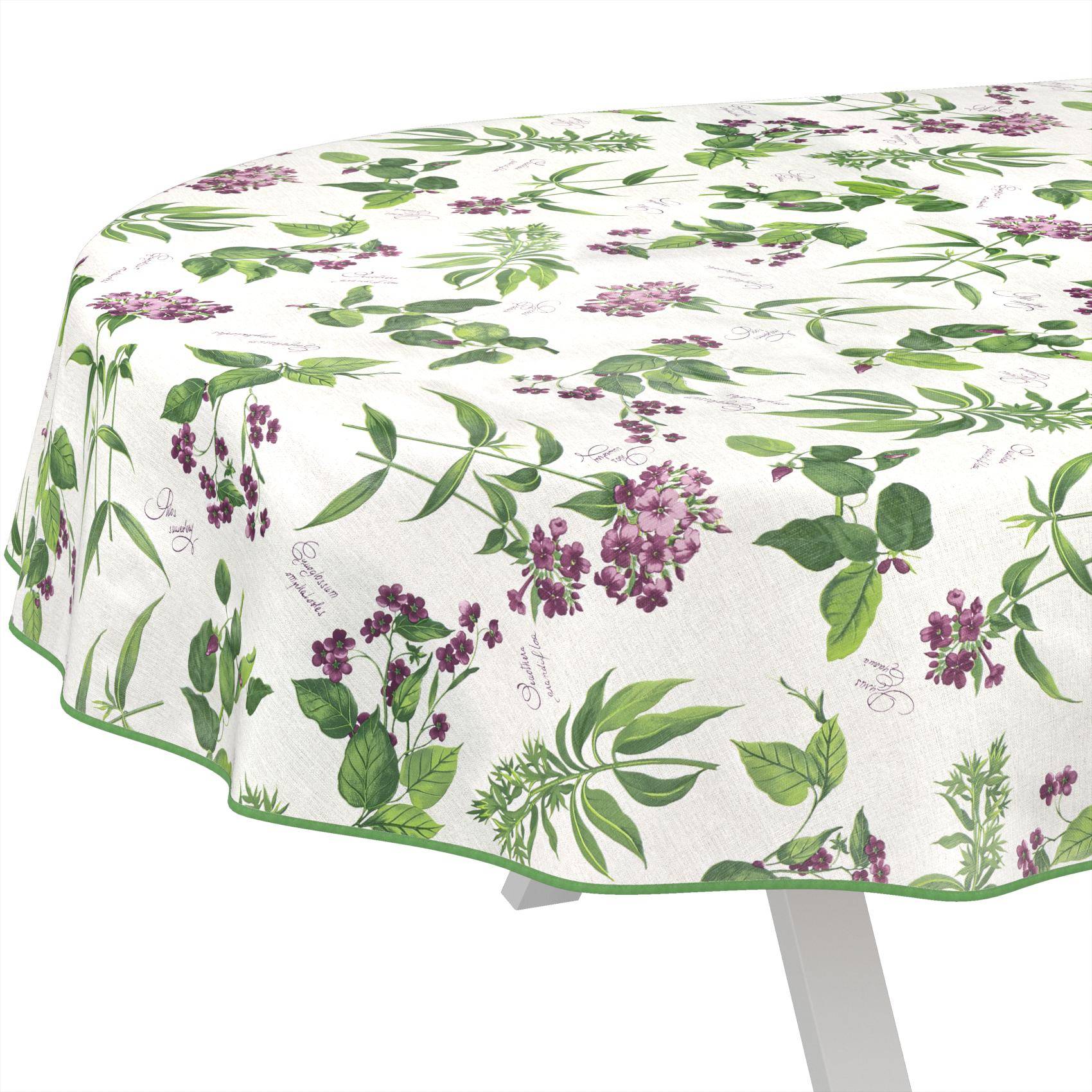 Weiße Tischdecke mit grünem und violettem Blumenbotanik-Druck, über einem Tisch drapiert.