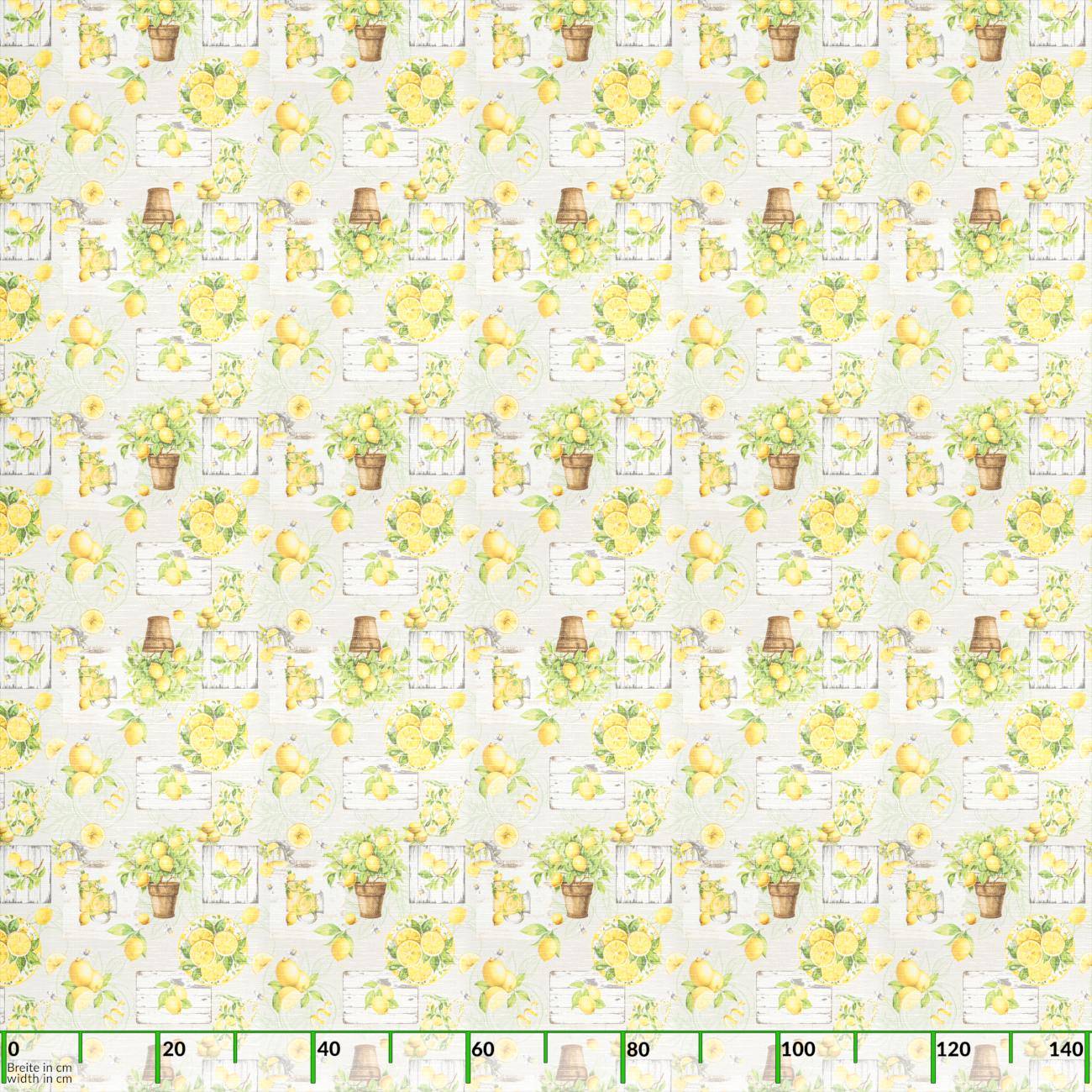 Wiederholendes Blumenmuster mit gelben Blüten in Töpfen und kleinen Vögeln auf hellem Hintergrund, dargestellt über einem gitterartigen Raster und einer Skala am unteren Rand.