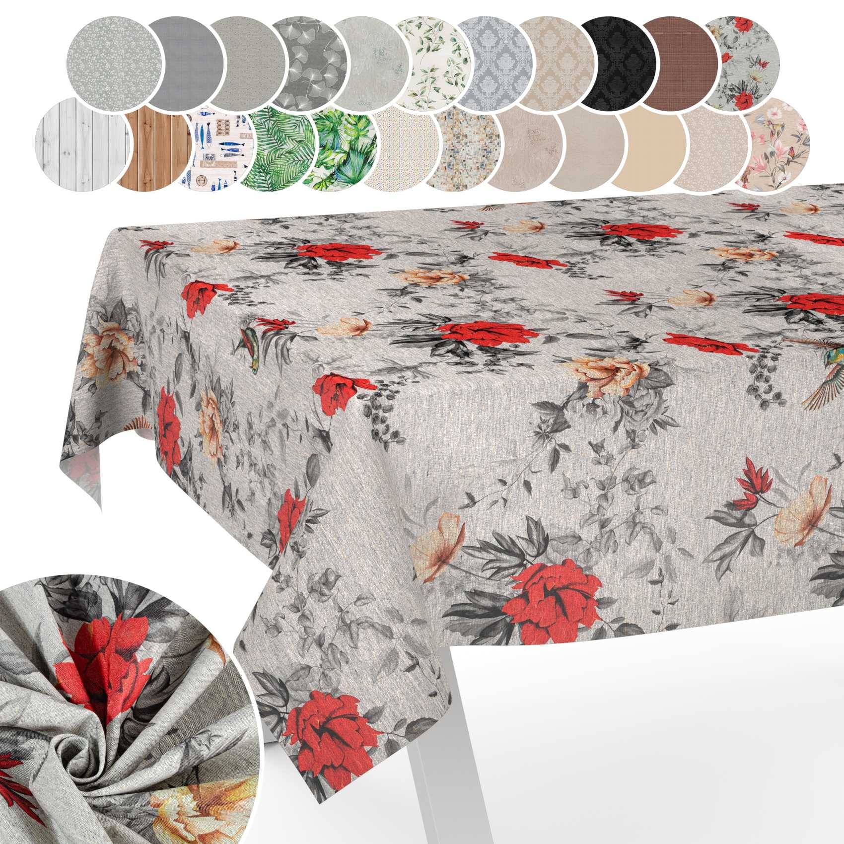 Blumige Tischdecke mit grauem Hintergrund und rotem Blumenmuster, gezeigt in mehreren Farb- und Stoffmustervergleichen oben, plus eine Nahaufnahme der Faltendetails.