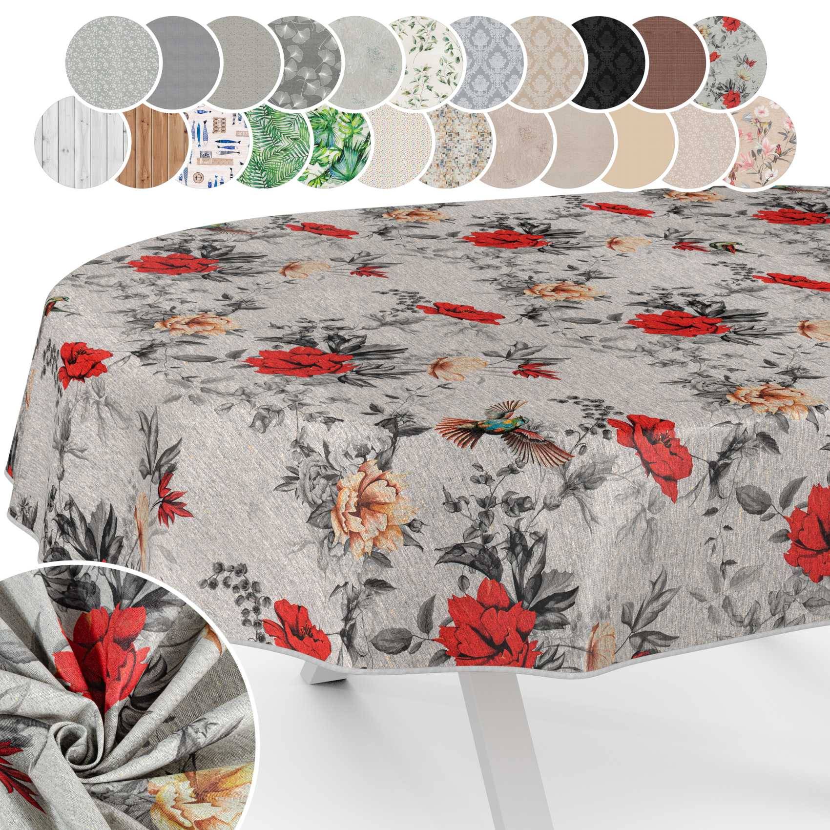 Blumiges Tischtuch mit grauem Hintergrund und rotem, orangefarbenem und schwarzem Blumenmuster; Stoffmuster oben abgebildet und Nahaufnahme des drapierten Materials.