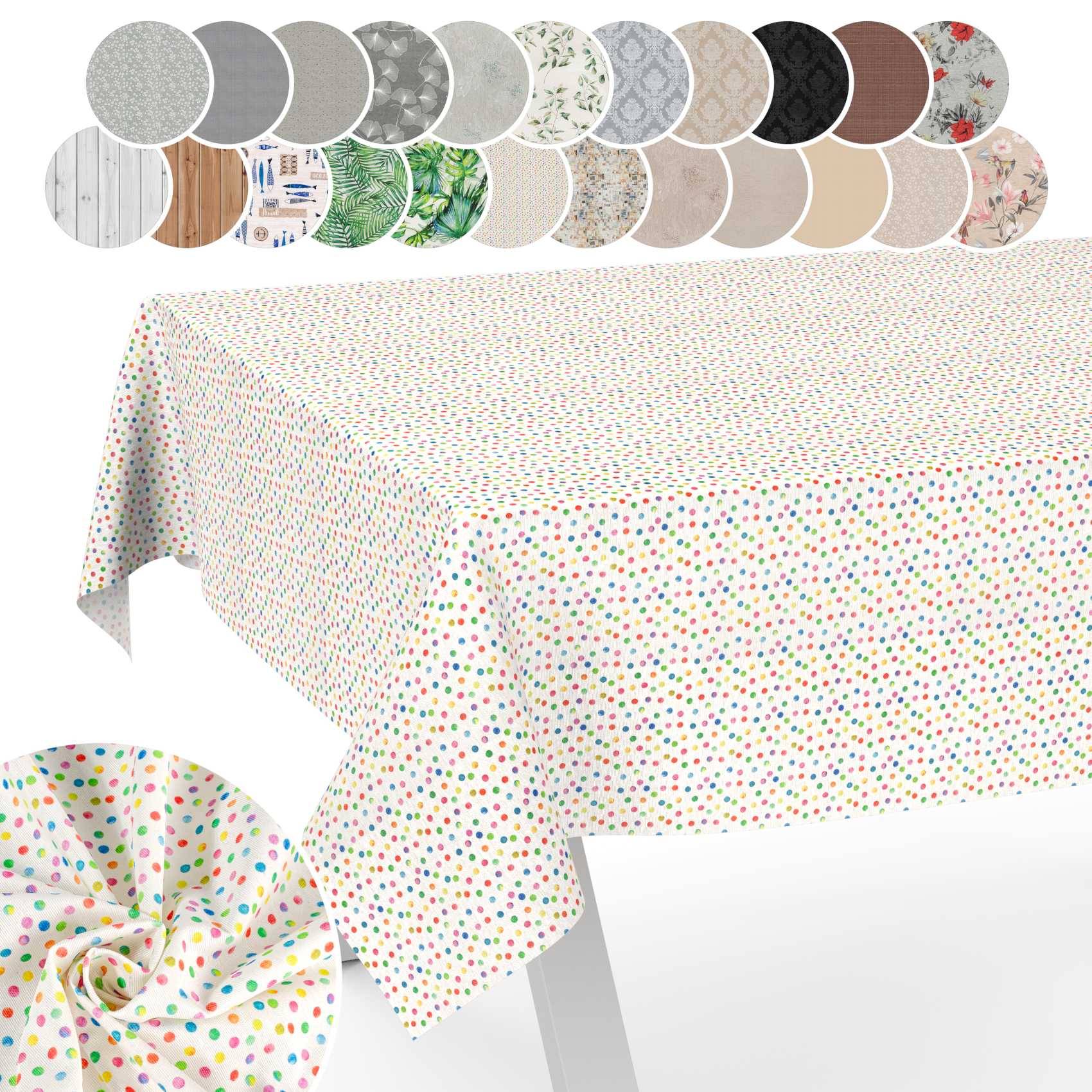 Weiße Tischdecke mit mehrfarbigen Punkten, dargestellt mit kreisförmigen Mustern anderer verfügbarer Muster und Farben oben.