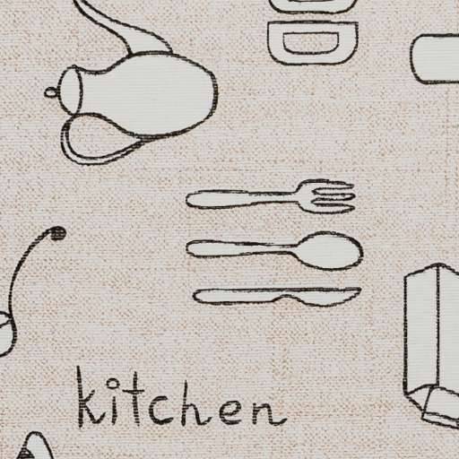Nahaufnahme eines gemusterten Stoffs mit der Bezeichnung "Küche"" mit umrissenen Utensilien- und Kochgeschirrsymbolen.