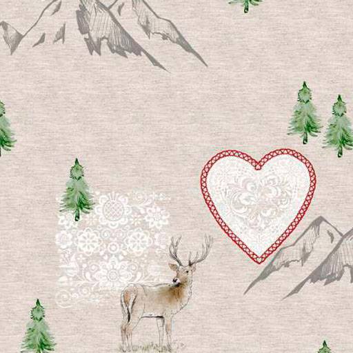 Gemusterter Stoff mit einem Reh in einer verschneiten Berglandschaft, umgeben von Kiefern und einem roten Herzmotiv.