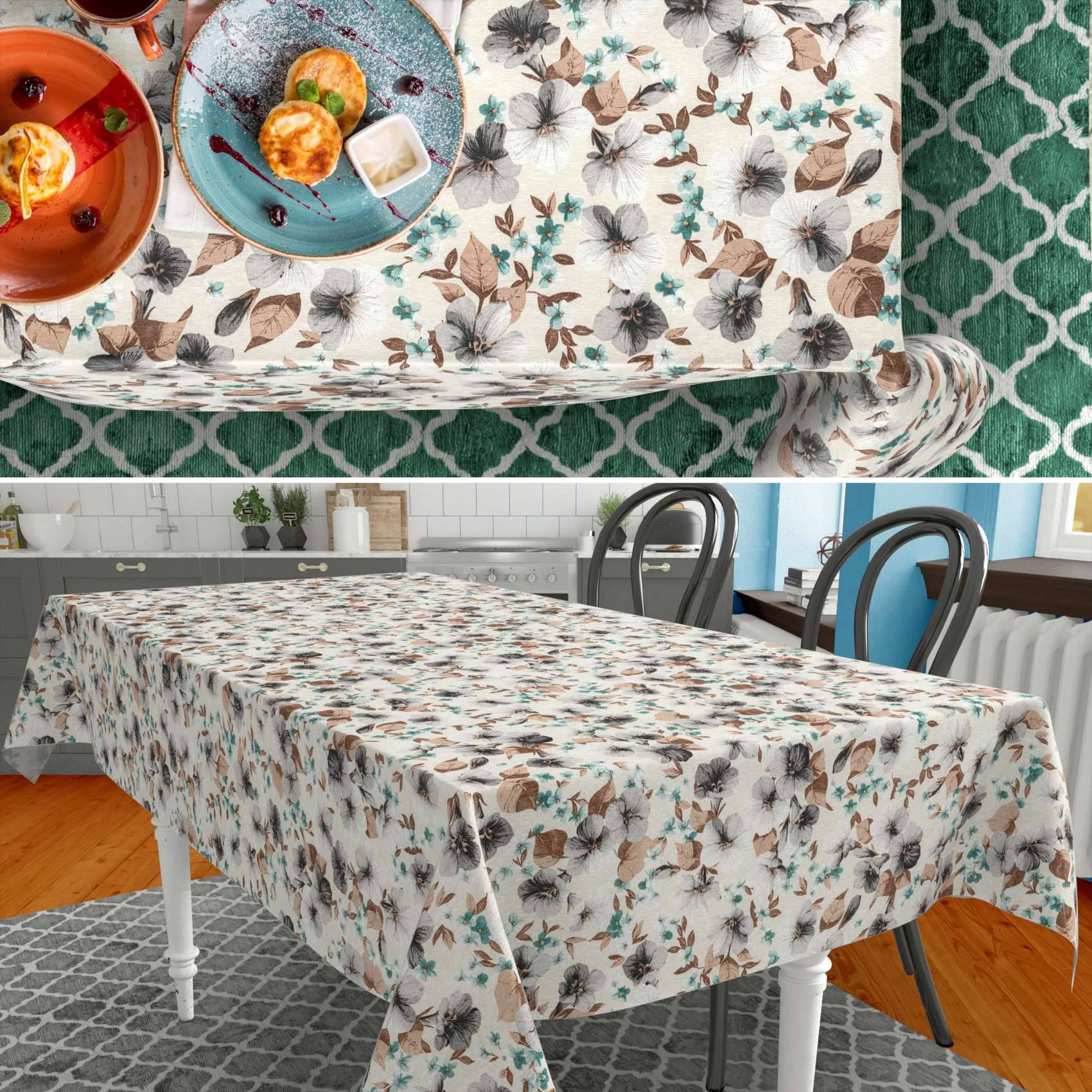 Collage mit einer Tischdecke mit Blumenmuster auf einem Esstisch, mit einer Draufsicht auf gedeckte Teller und einer Raumansicht der über einen Tisch drapierten Tischdecke.