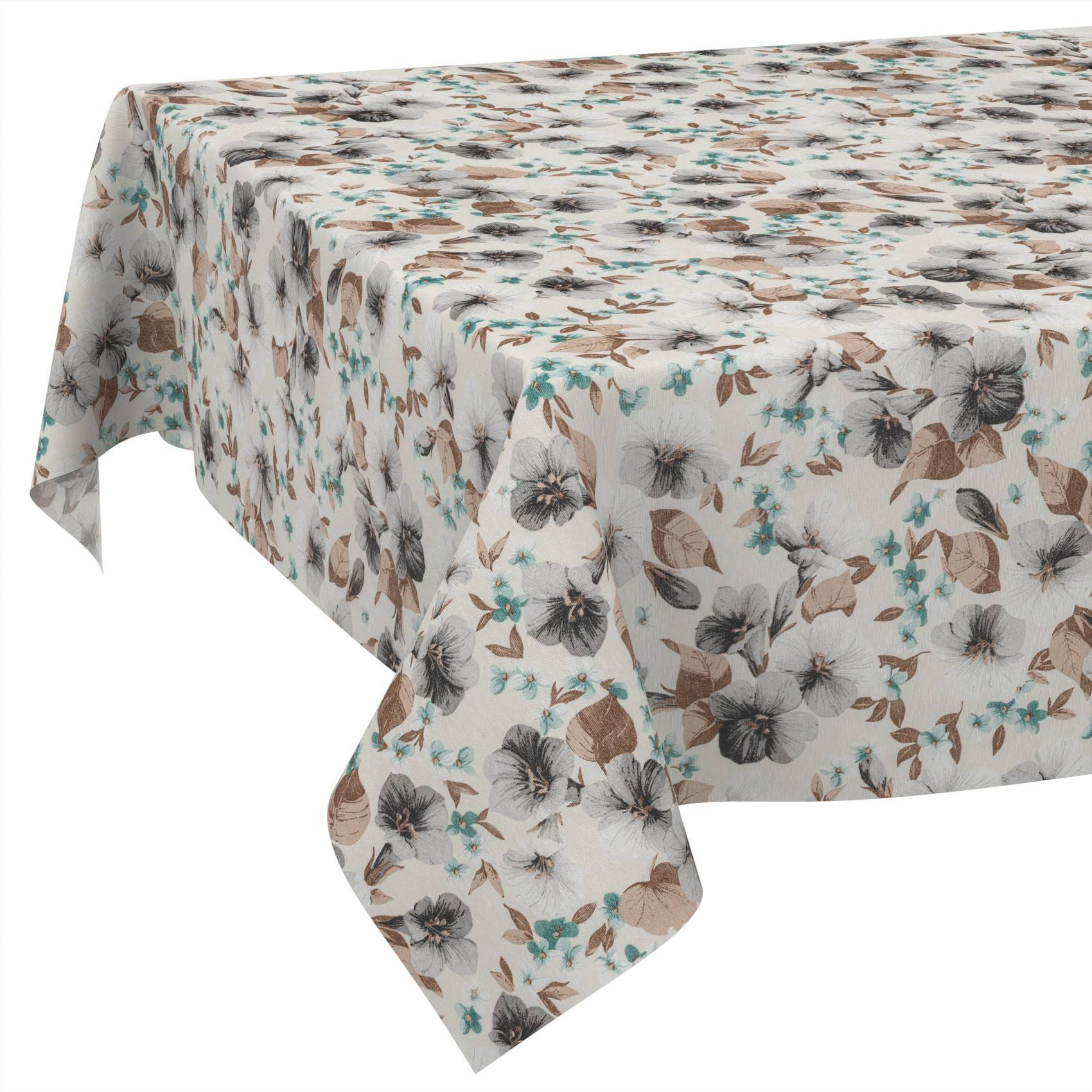 Rechteckige Tischdecke mit beigem Blüten- und Blattkabelmuster, über einen Tisch drapiert.