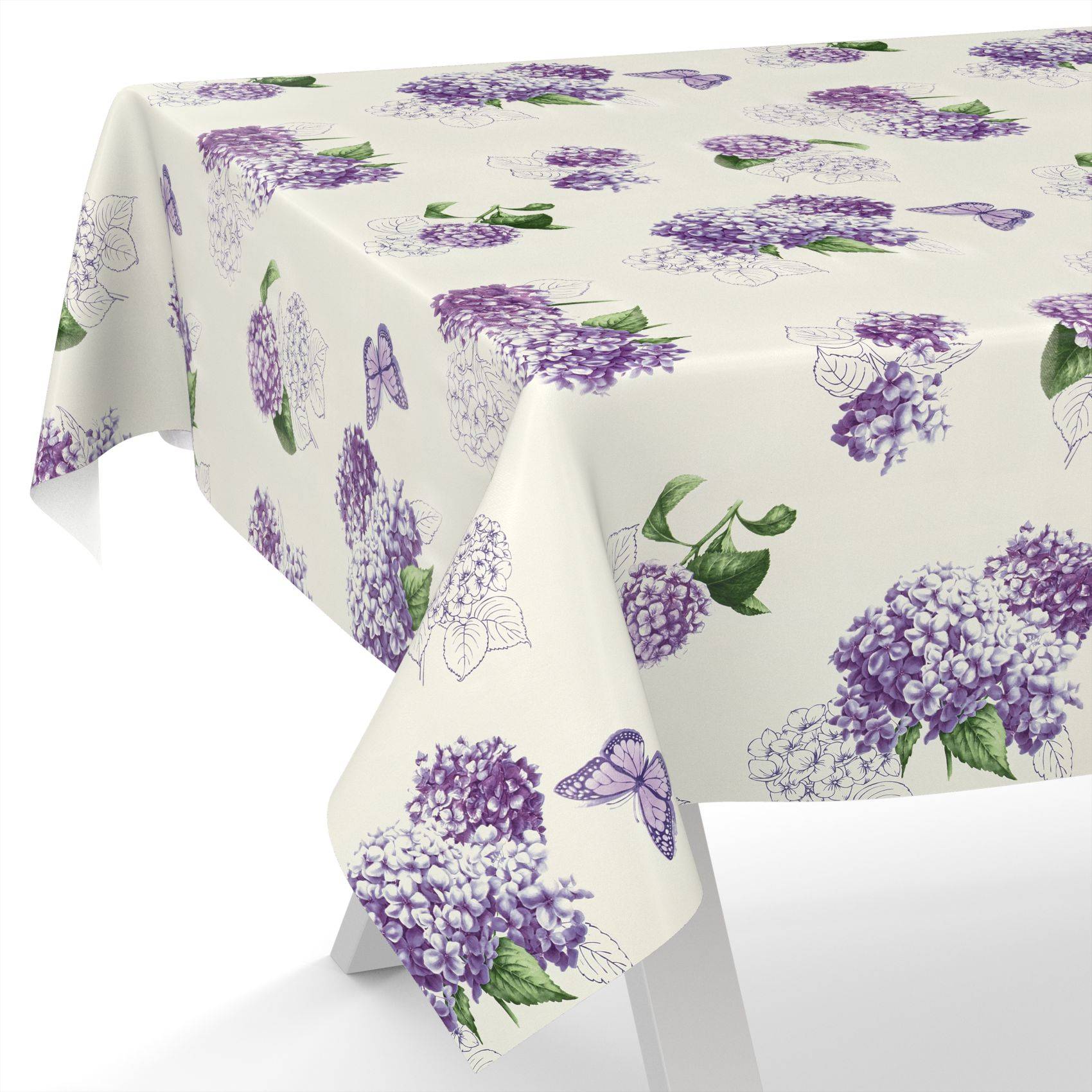 Weiße Tischdecke mit violettem Hortensien- und Schmetterlingsdruck über einen Tisch drapiert