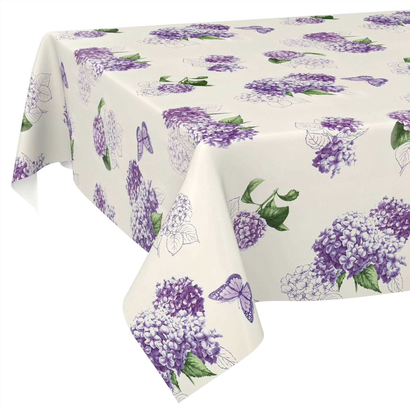Weiße Tischdecke mit violettem Hortensien- und Schmetterlingsmuster, über einem Tisch drapiert.