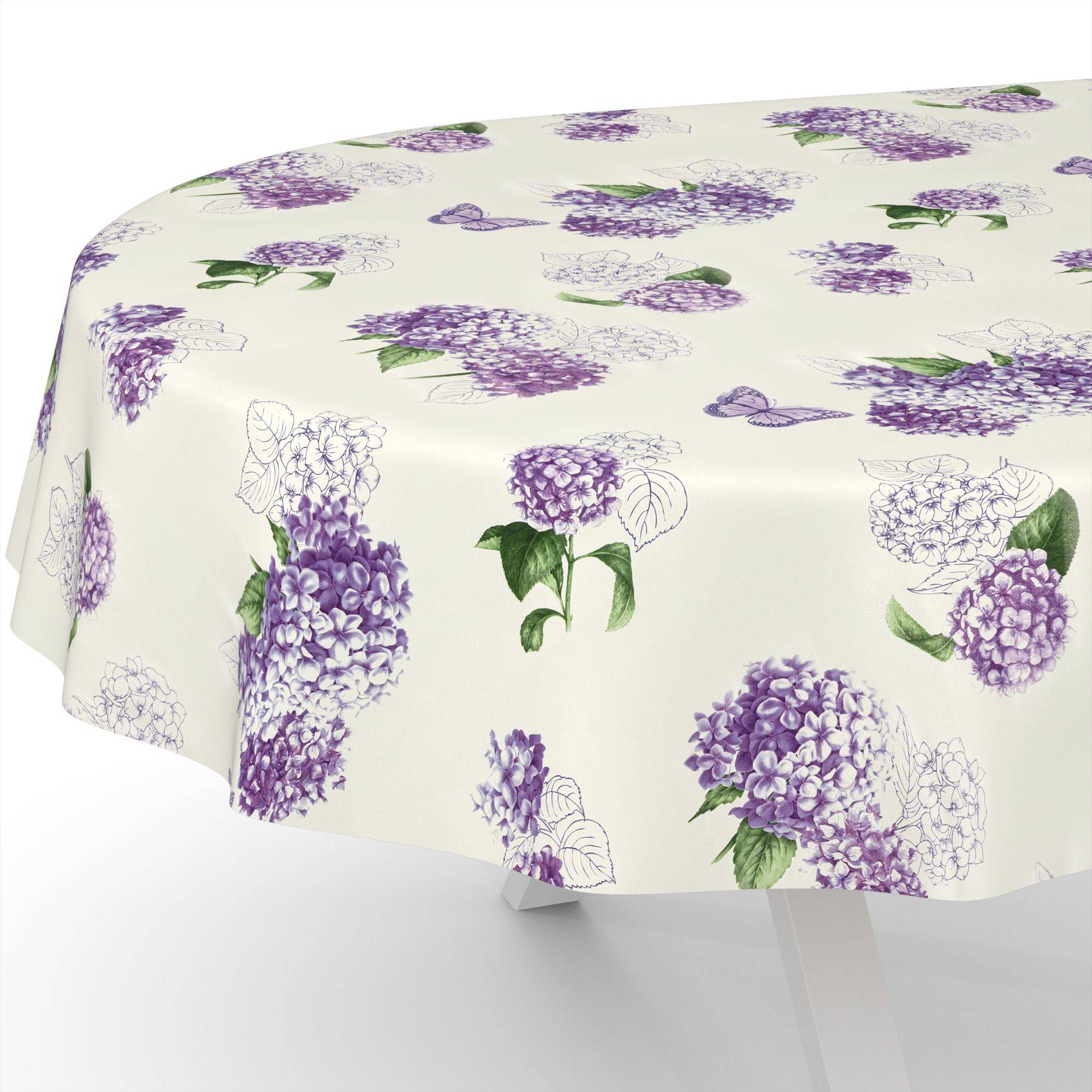 Cremefarbene Tischdecke mit violettem und grünem floralen Hortensien-Druck auf einem runden Tisch